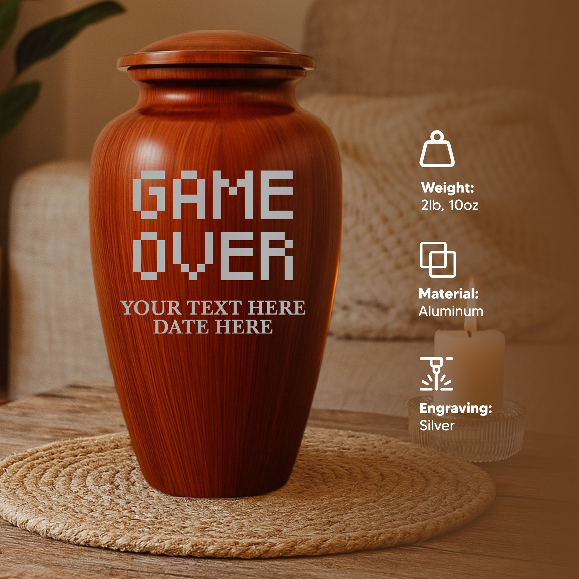 Human Cremation Urn - 200 Cubic Inch - Ingrained Wood Style Finish | Gaming Memorial