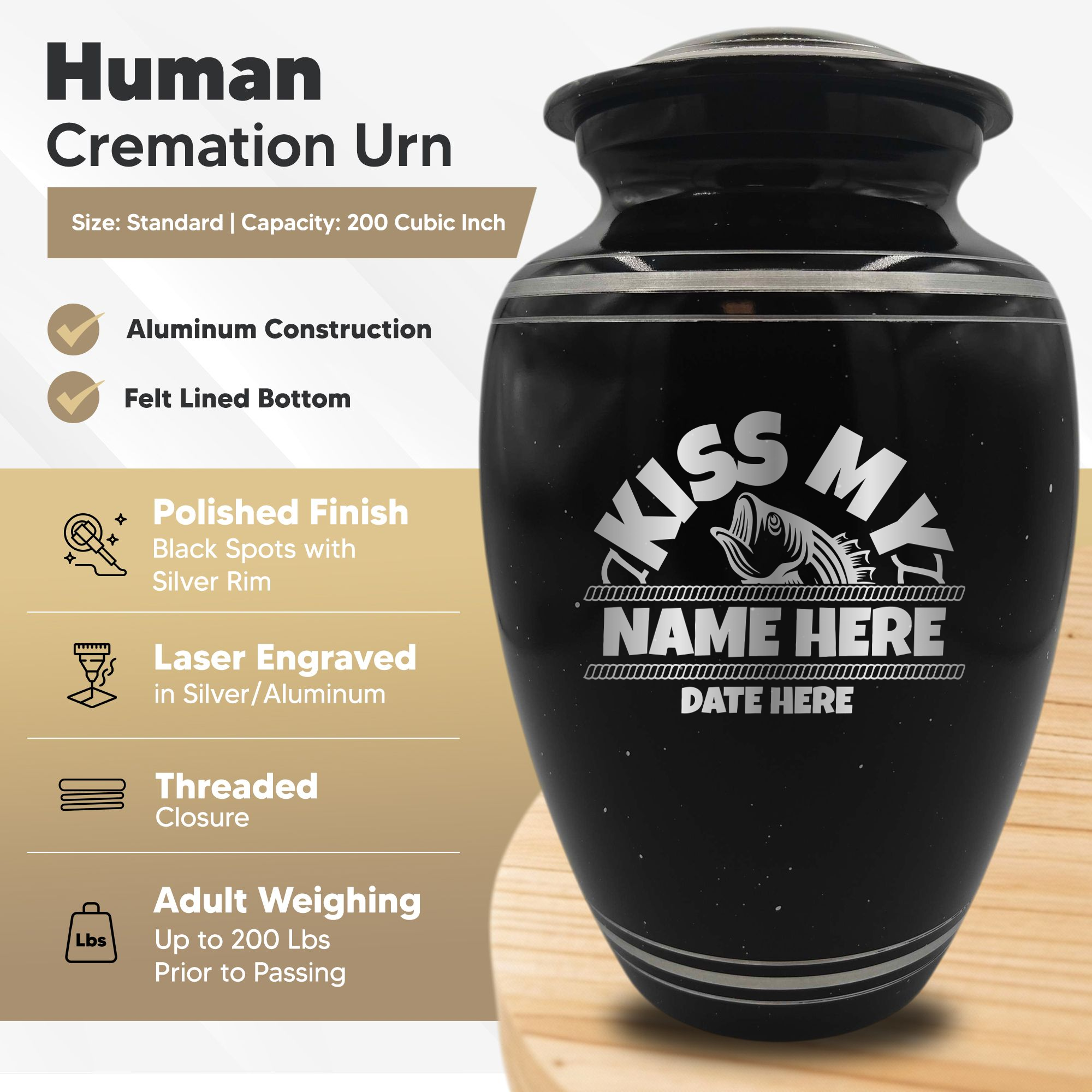 Spotted Black Aluminum with Silver Rim Human Cremation Urn - 200 Cubic Inch | Bass Fishing Humor