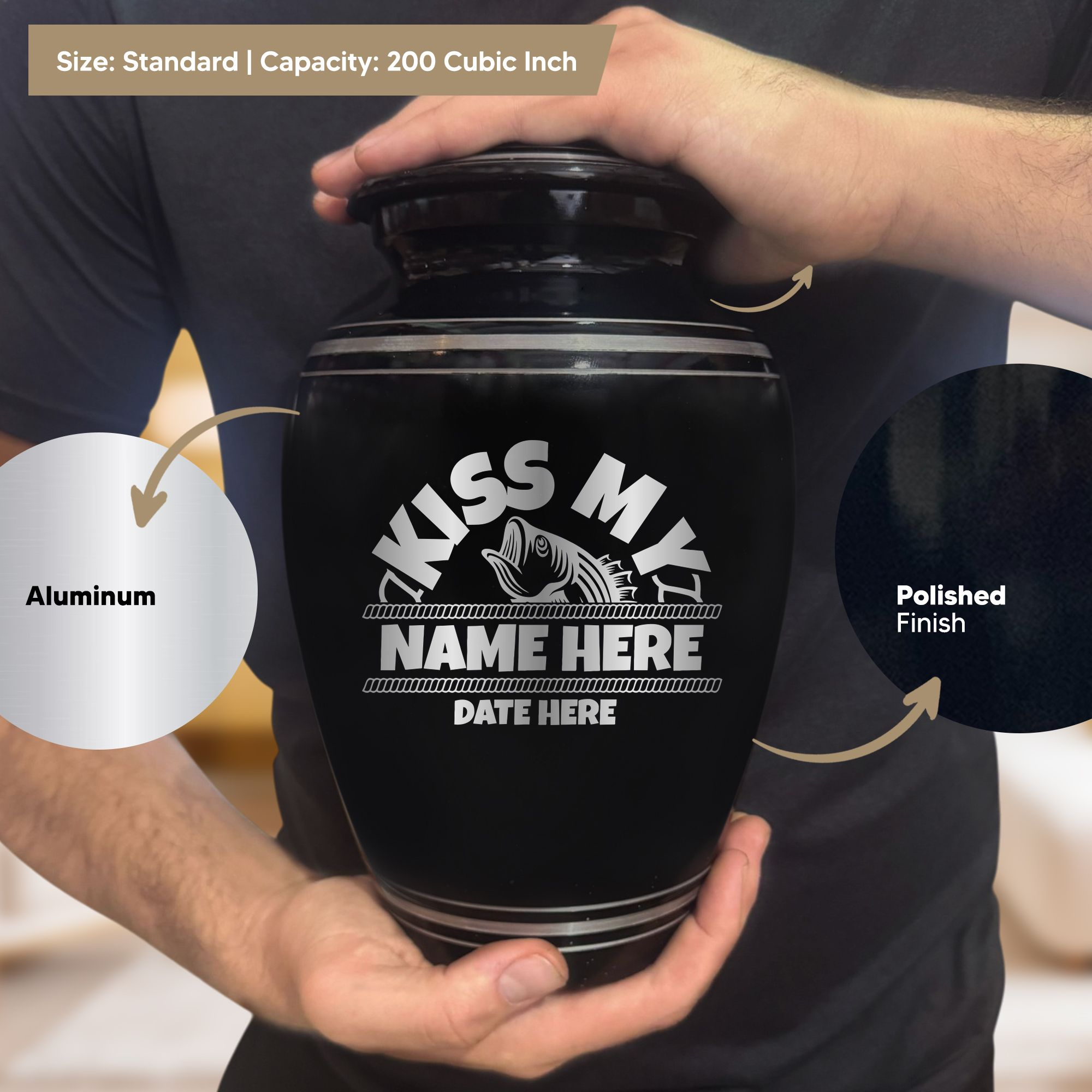 Polished Aluminum with Silver Rim Human Cremation Urn - 200 Cubic Inch | Bass Fishing Humor