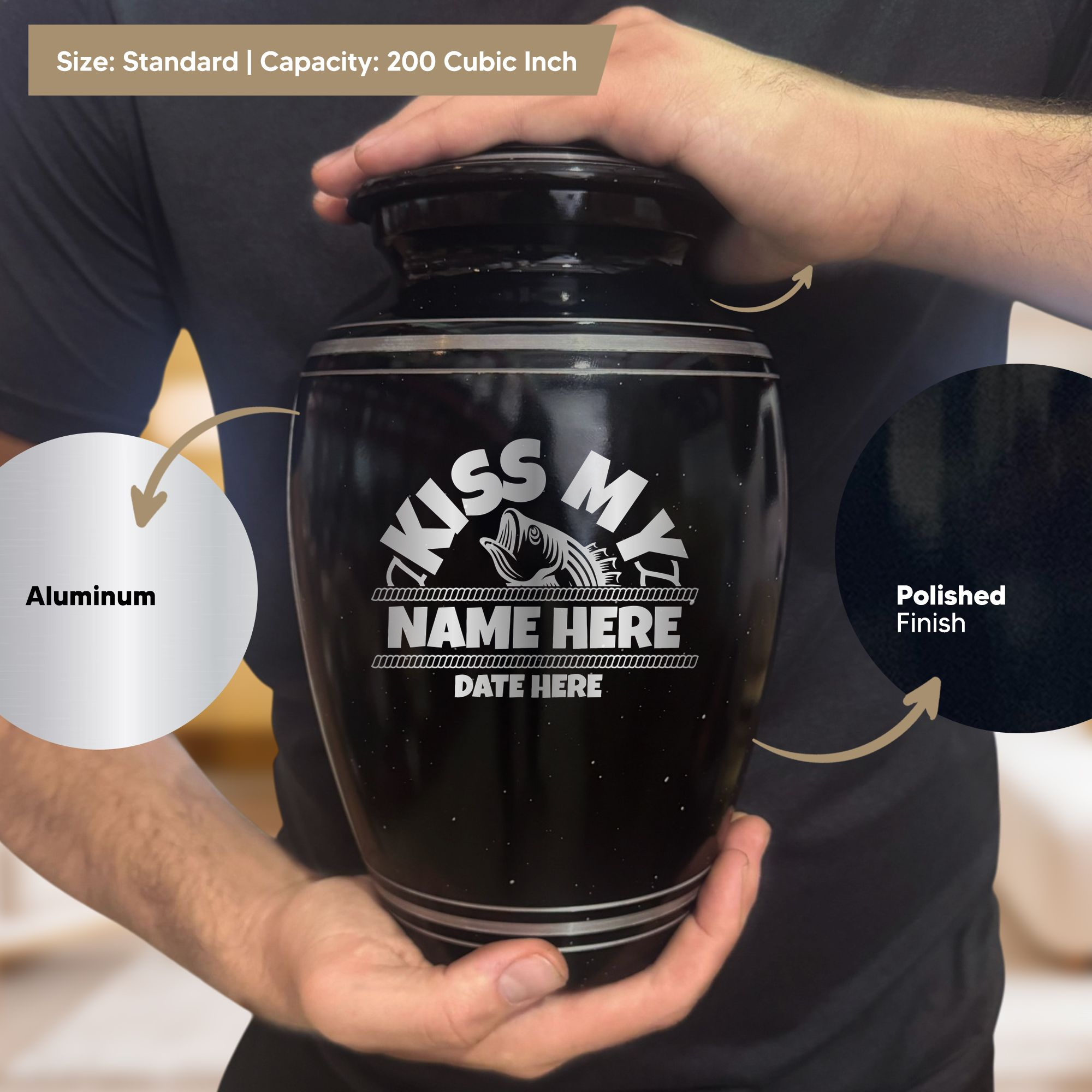 Spotted Black Aluminum with Silver Rim Human Cremation Urn - 200 Cubic Inch | Bass Fishing Humor