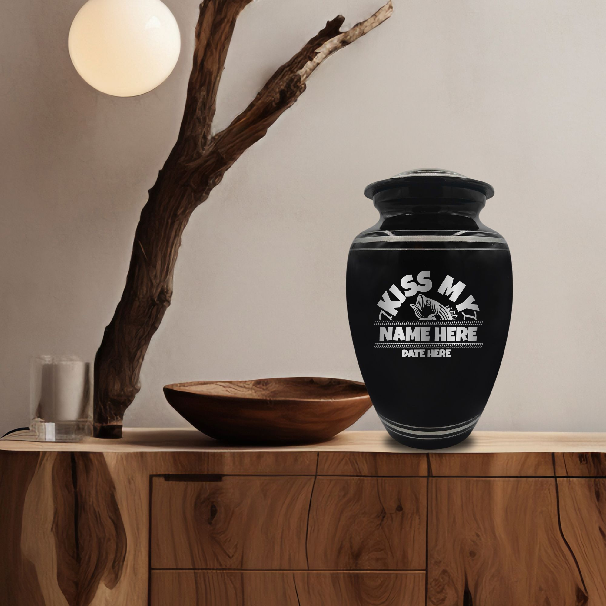 Polished Aluminum with Silver Rim Human Cremation Urn - 200 Cubic Inch | Bass Fishing Humor