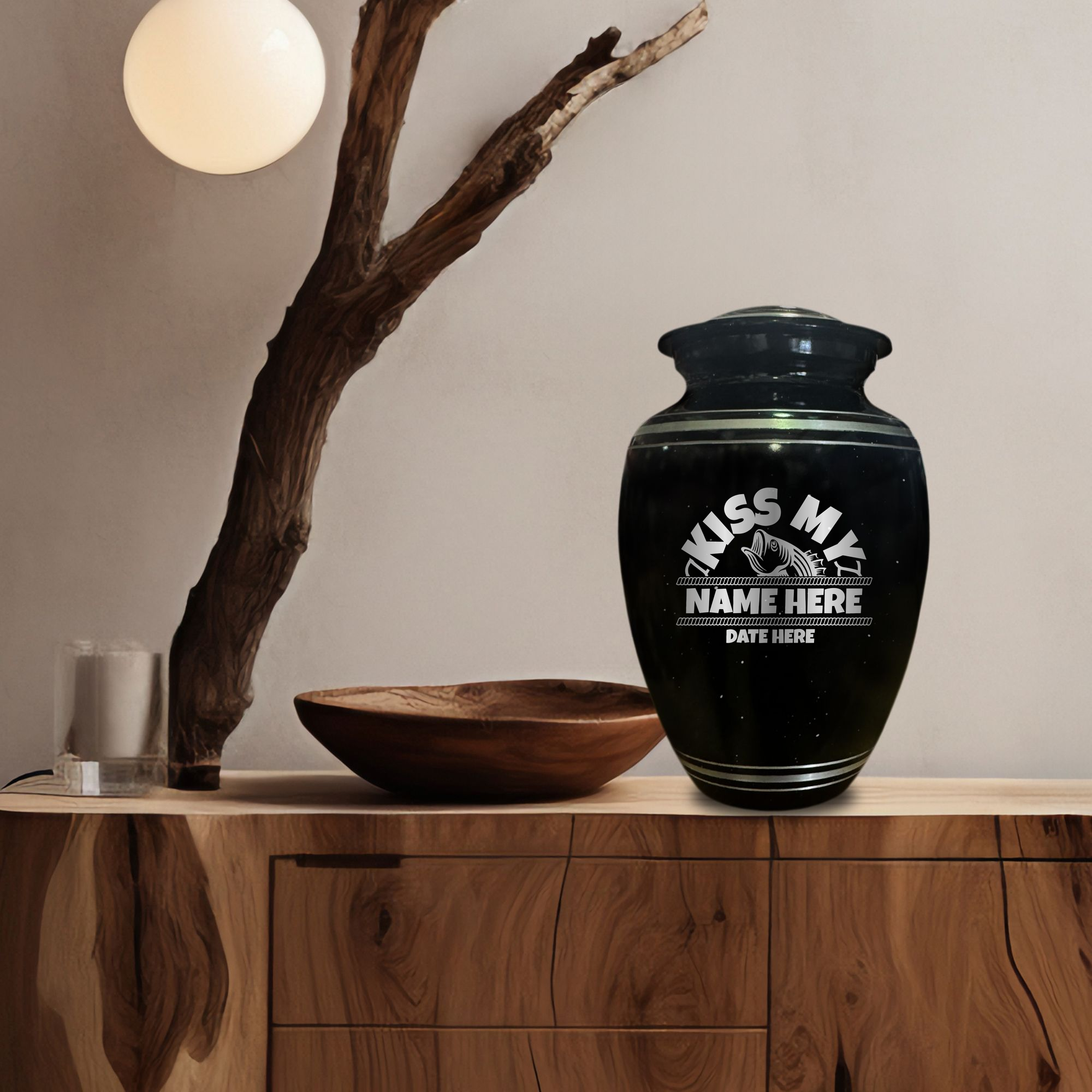Spotted Black Aluminum with Silver Rim Human Cremation Urn - 200 Cubic Inch | Bass Fishing Humor