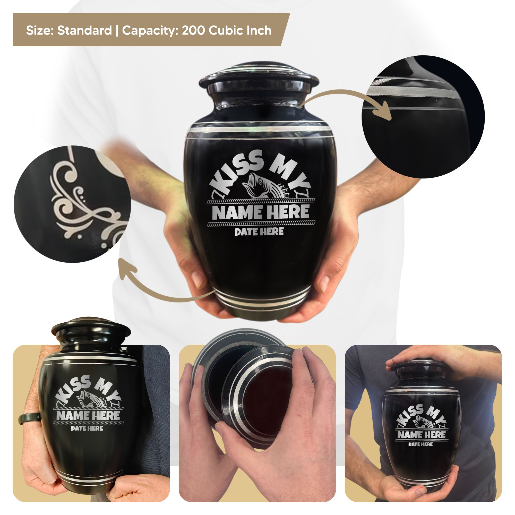 Polished Aluminum with Silver Rim Human Cremation Urn - 200 Cubic Inch | Bass Fishing Humor