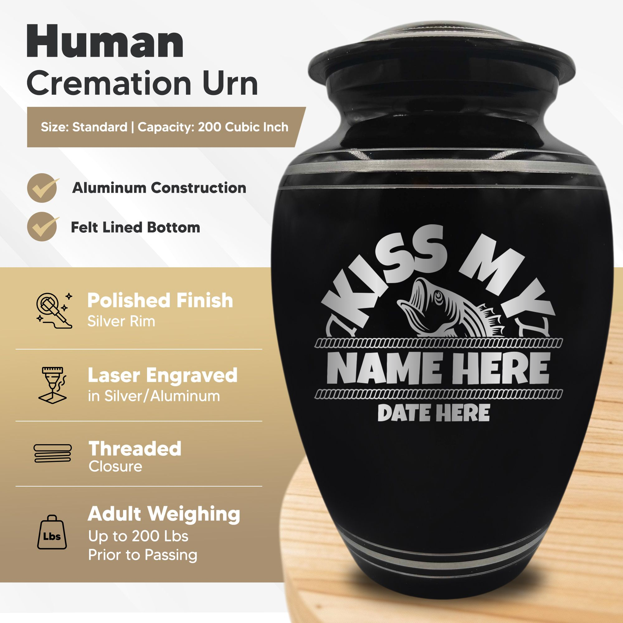 Polished Aluminum with Silver Rim Human Cremation Urn - 200 Cubic Inch | Bass Fishing Humor