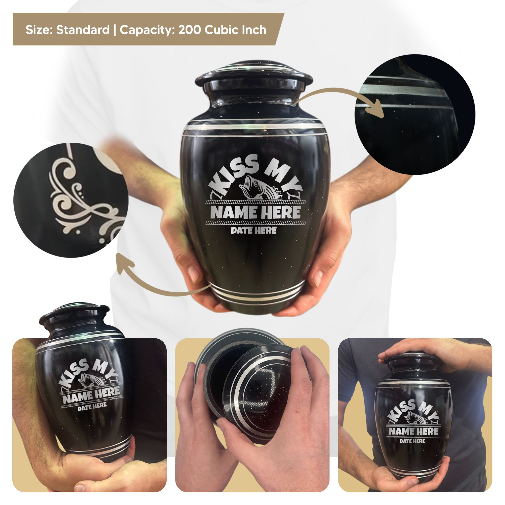 Spotted Black Aluminum with Silver Rim Human Cremation Urn - 200 Cubic Inch | Bass Fishing Humor