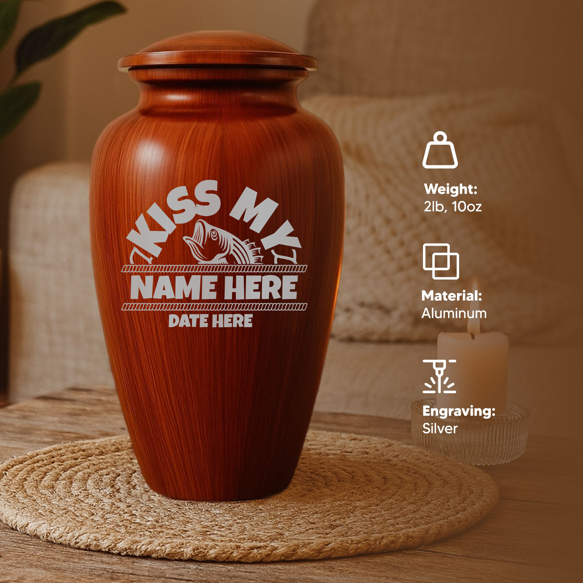 Human Cremation Urn - 200 Cubic Inch - Ingrained Wood Style Finish | Bass Fishing Humor