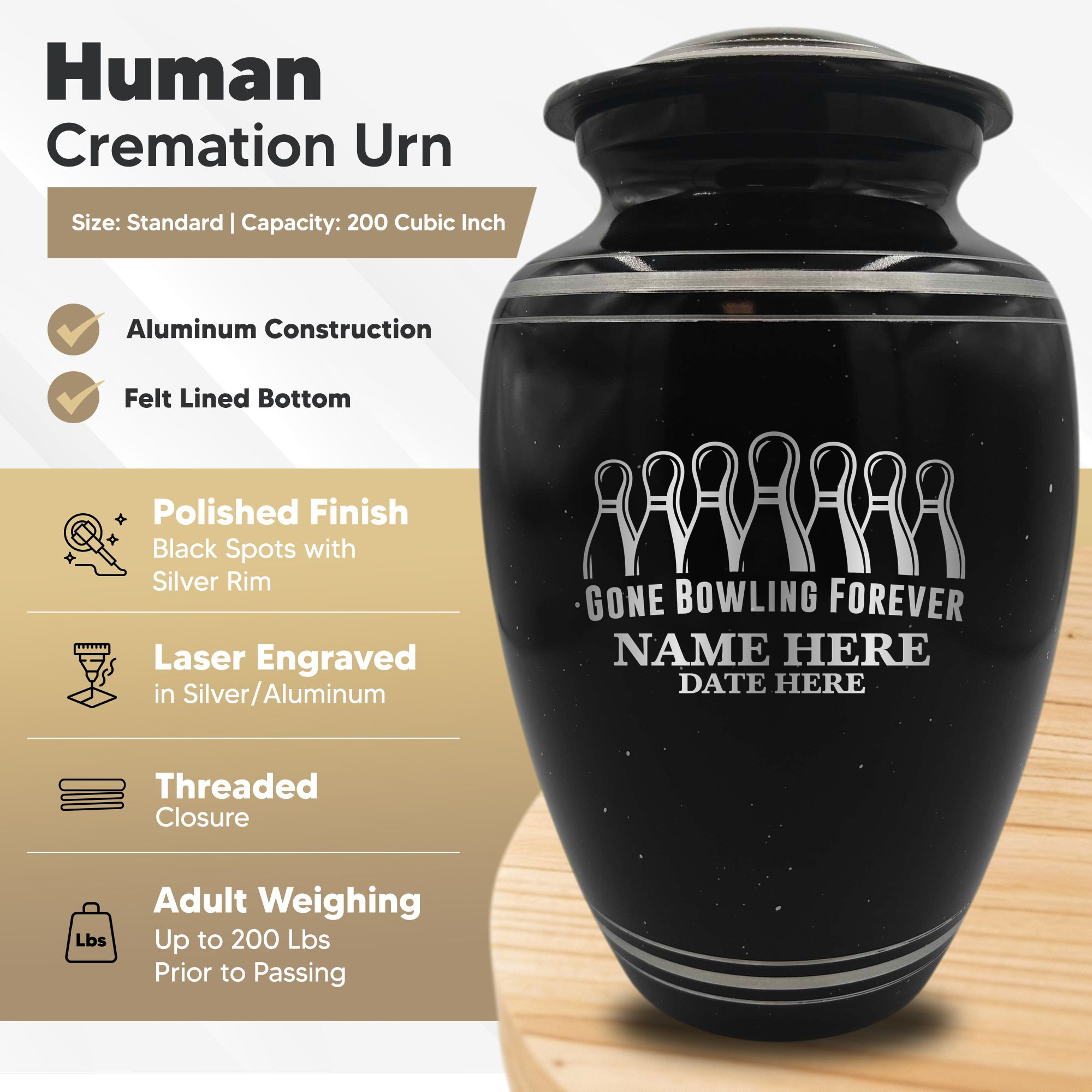 Spotted Black Aluminum with Silver Rim Human Cremation Urn - 200 Cubic Inch | Gone Bowling Tribute