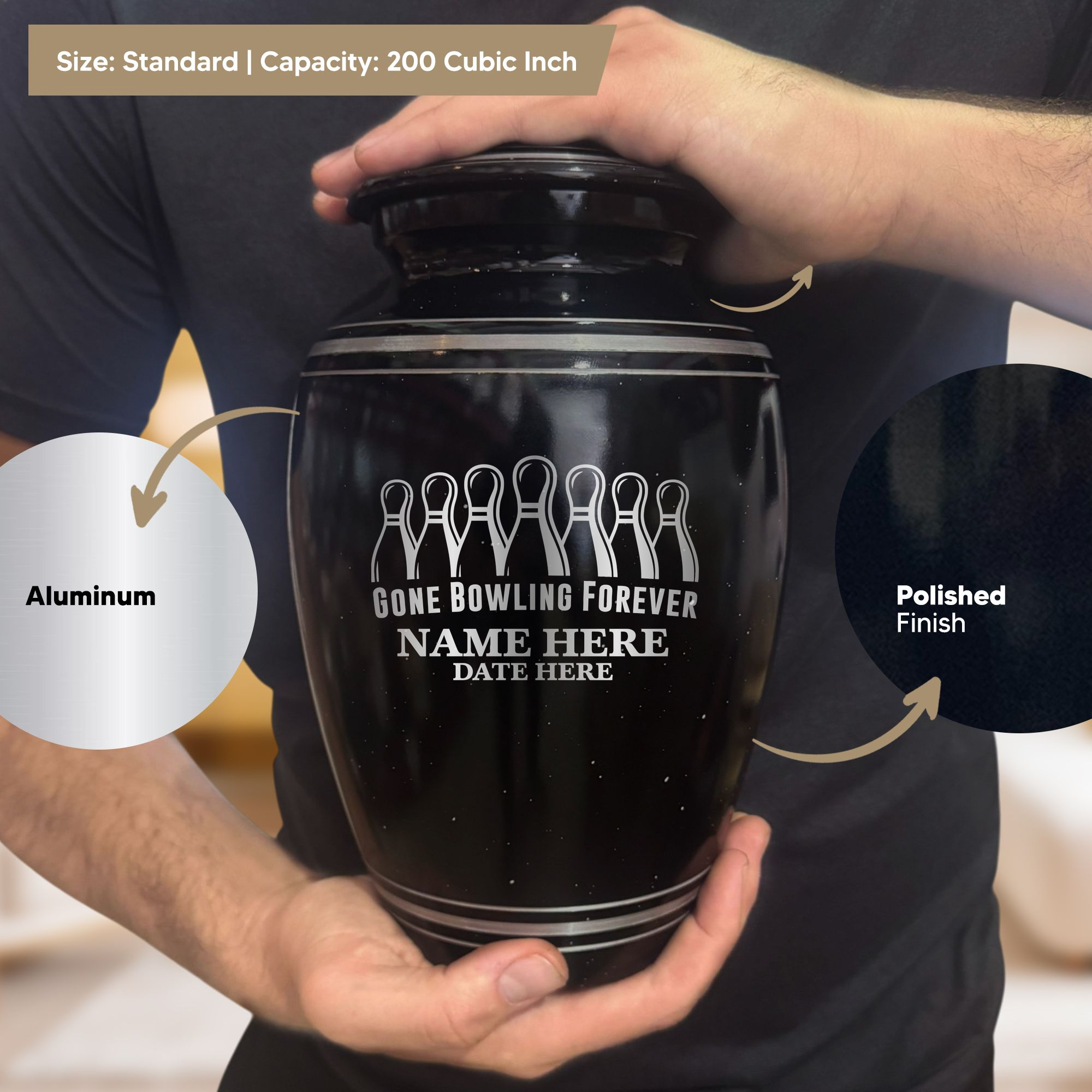 Spotted Black Aluminum with Silver Rim Human Cremation Urn - 200 Cubic Inch | Gone Bowling Tribute