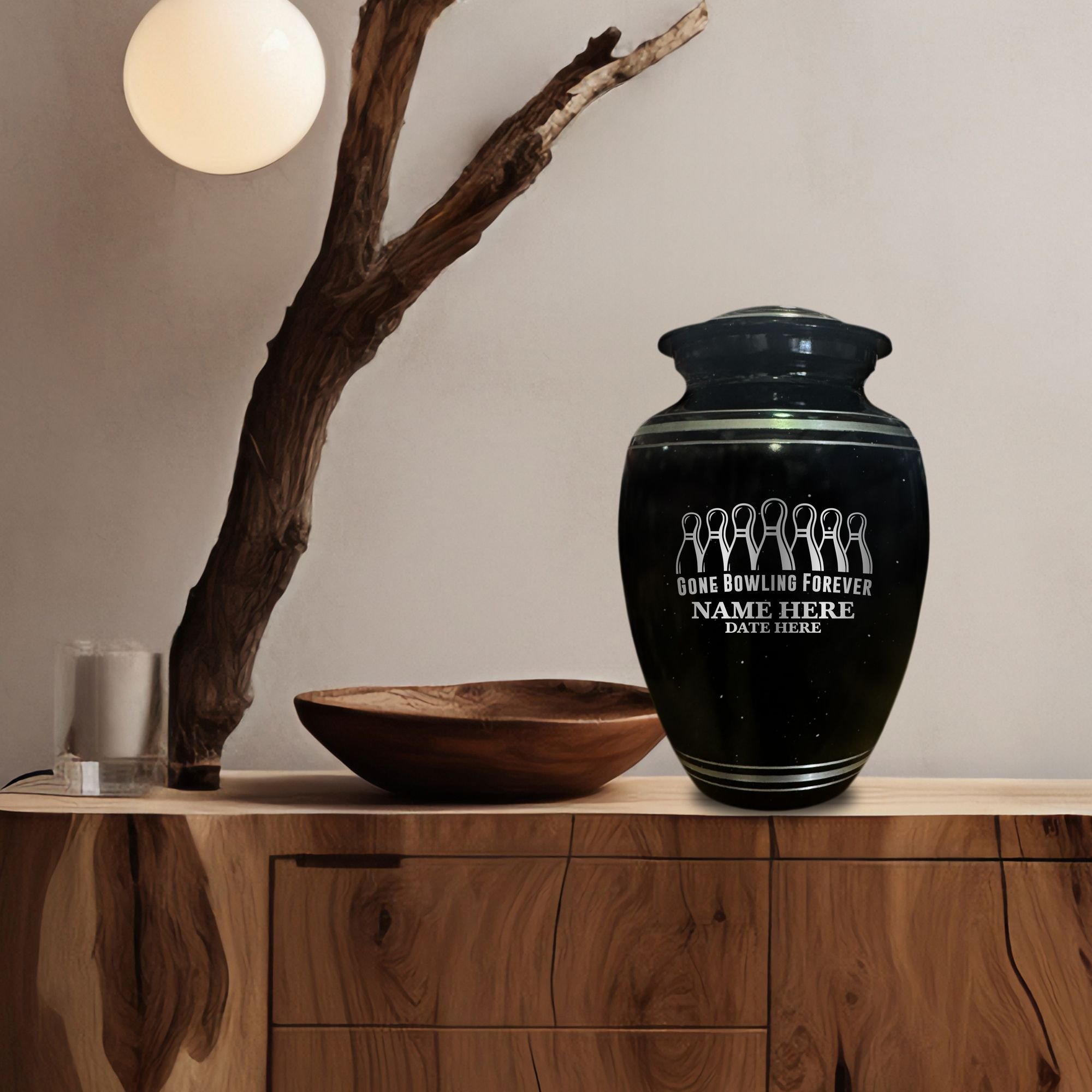 Spotted Black Aluminum with Silver Rim Human Cremation Urn - 200 Cubic Inch | Gone Bowling Tribute
