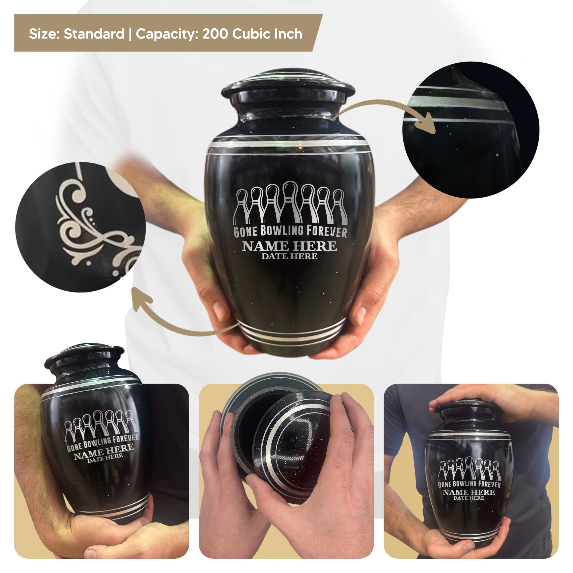 Spotted Black Aluminum with Silver Rim Human Cremation Urn - 200 Cubic Inch | Gone Bowling Tribute