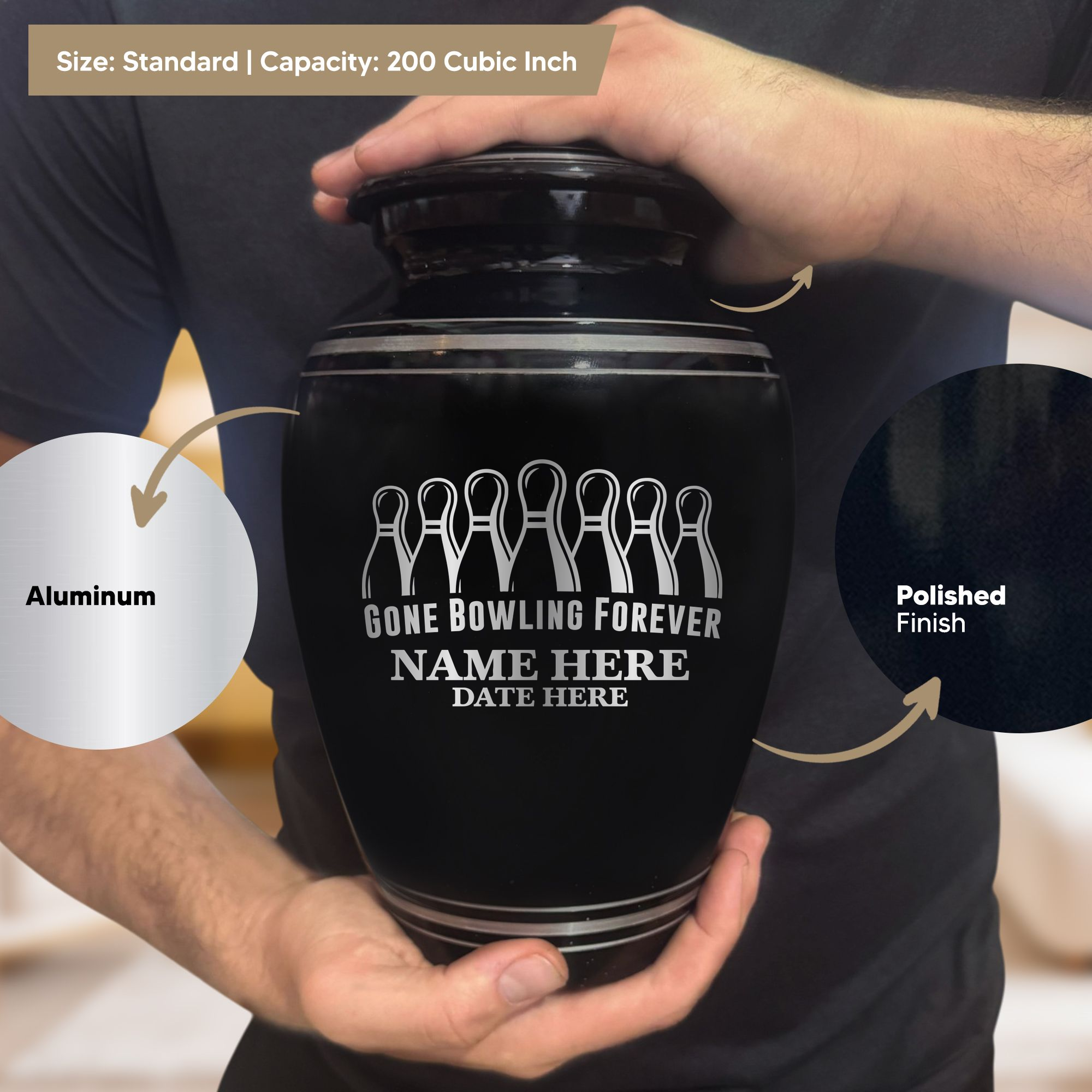 Polished Aluminum with Silver Rim Human Cremation Urn - 200 Cubic Inch | Gone Bowling Tribute