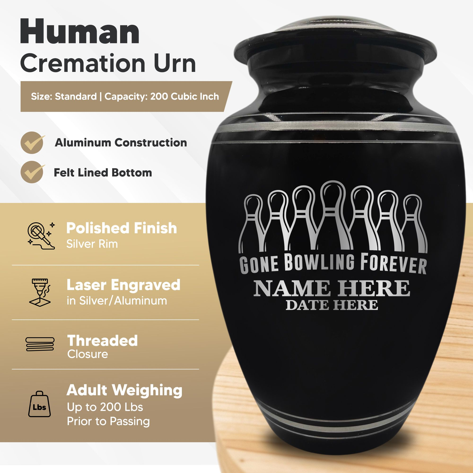 Polished Aluminum with Silver Rim Human Cremation Urn - 200 Cubic Inch | Gone Bowling Tribute