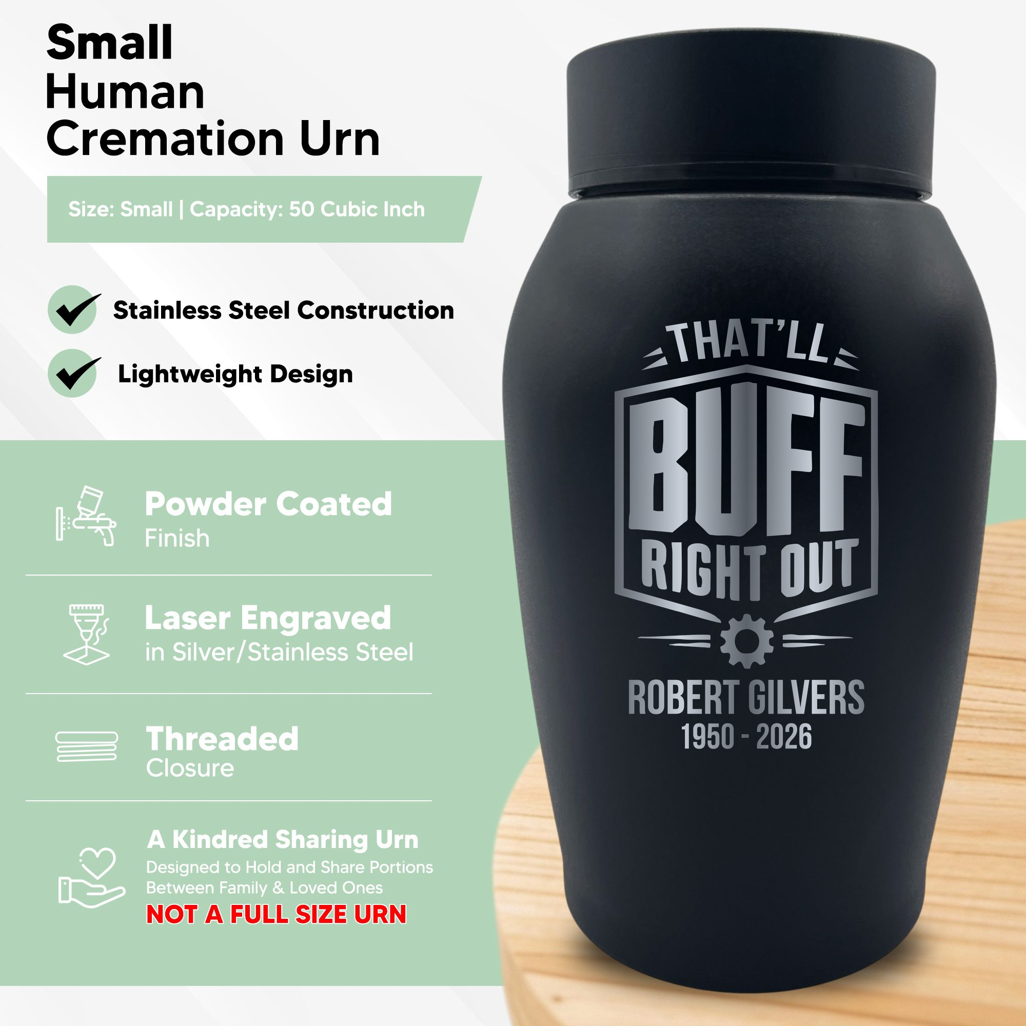 Small Human Cremation Urn for Ashes | Sharing Urn, 50 Cubic Inch | Car Mechanic Collection 1