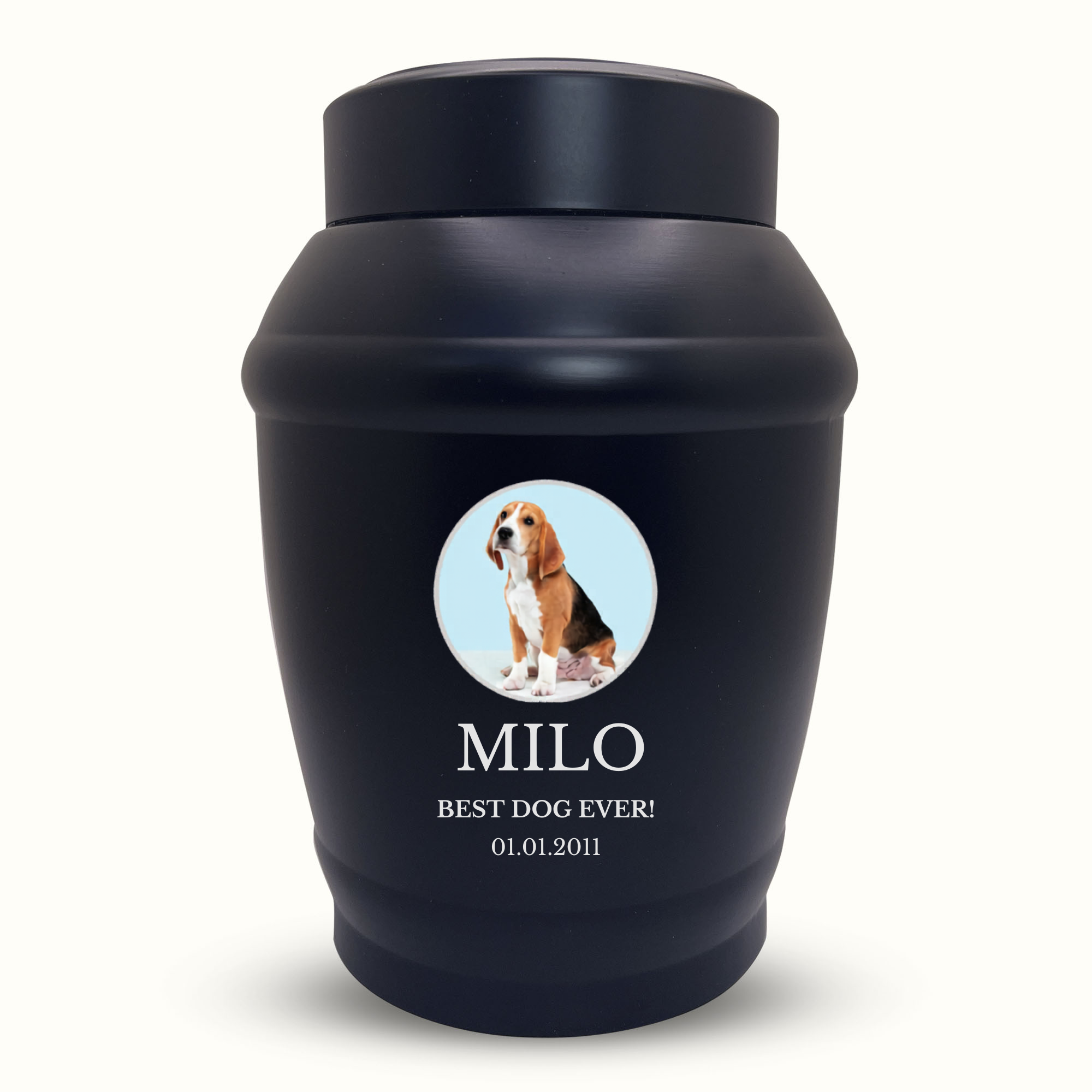 Custom Dog Urn - Standard Size - Stainless Steel - Black - 40 Cubic Inch | Custom Photo