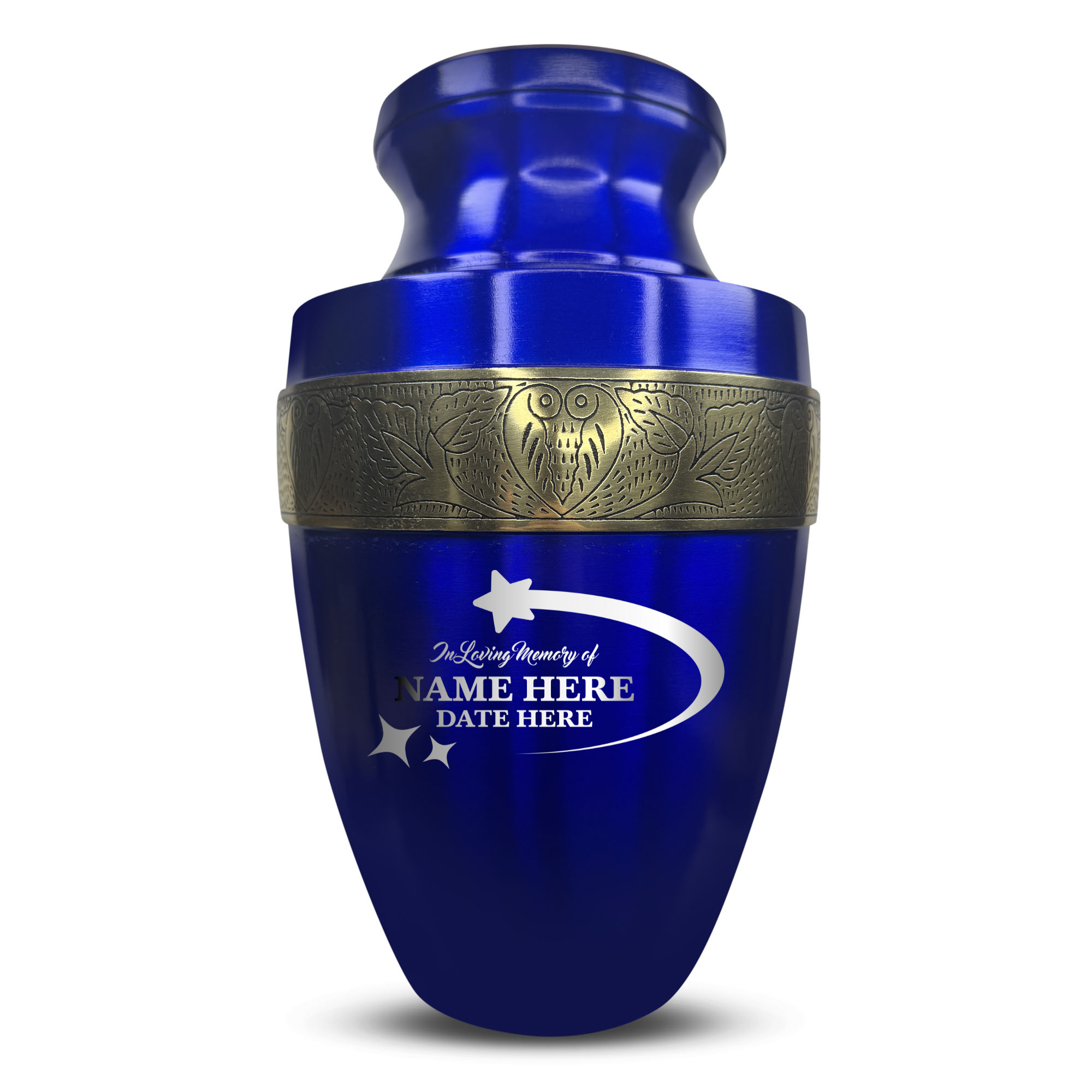 Personalized Adult Human Cremation Urn with Custom Engraved Name on Metal Aluminum Vessel for Ashes and Remains | Elite Series Human Urn with Gold Inlay | 200 Lbs | Stars | Black