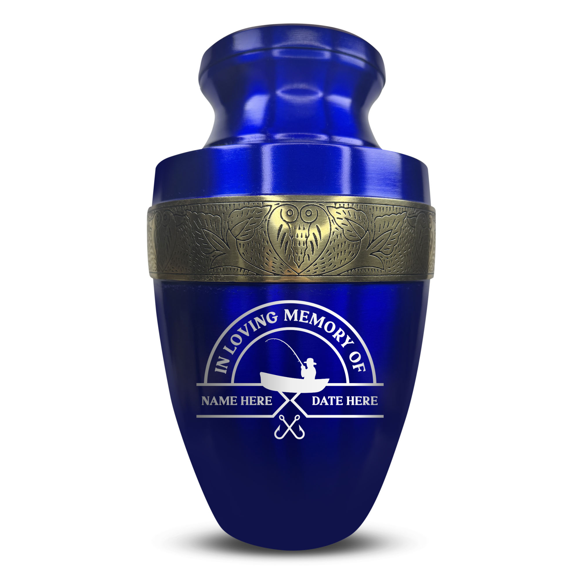 Custom Aluminum Human Urn - Funny Fishing Design - Elite Collection with Gold Inlay - 200 Cubic Inch