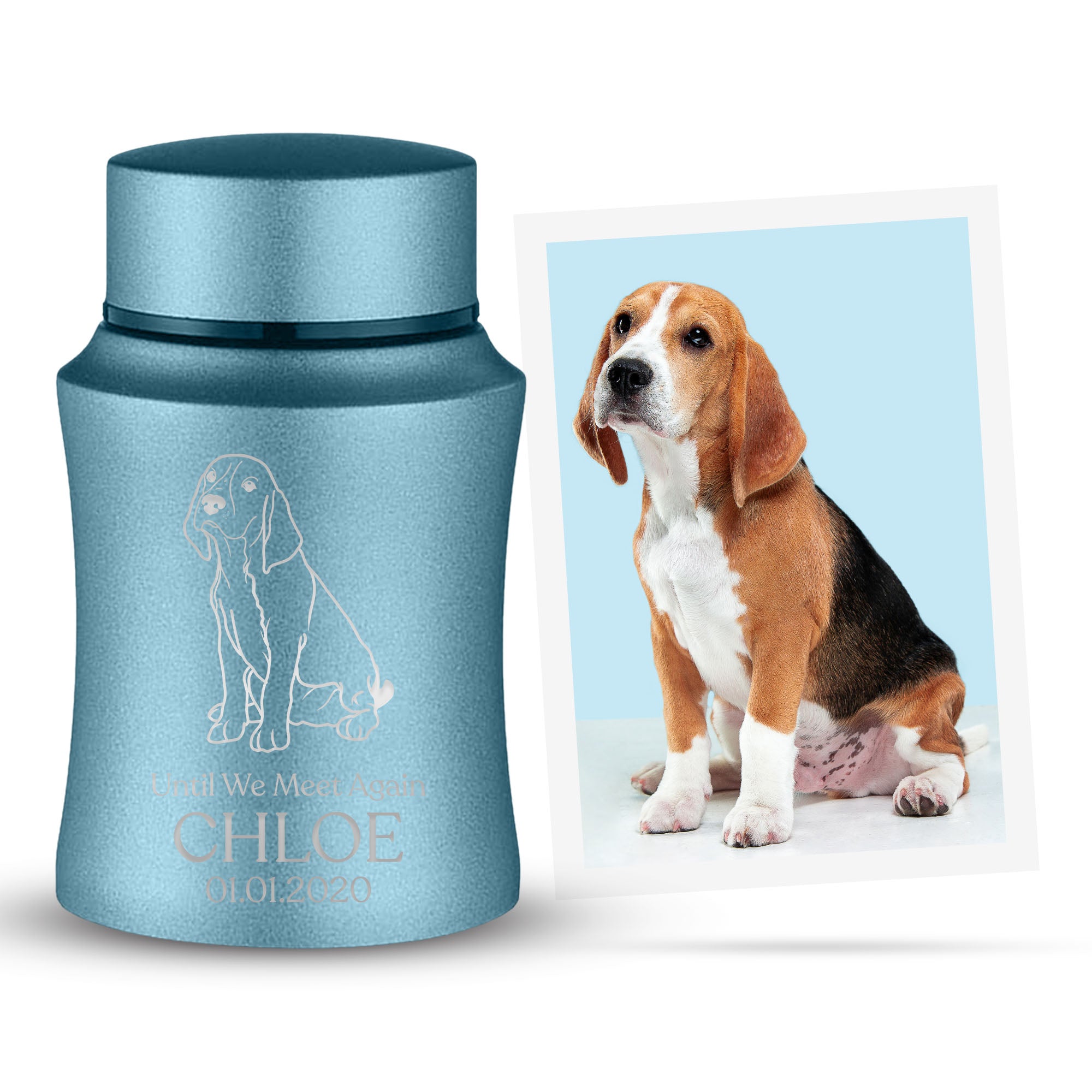 Custom Engraved Pet Photo/Image Pet Memorial Urn - Personalized with Pet Name, Date, and Dog Image - 4" Powder Coated Steel Cremation Mini Compact Urn for Dogs Ashes, Powder Blue | 5–10 Lbs Capacity