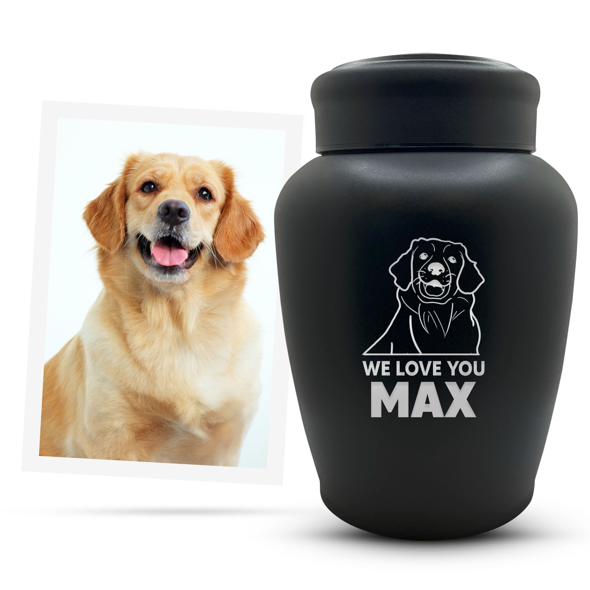 Custom Engraved Large Pet Memorial Dog Urn with Personalized Photo/Image - Large Powder Coated Steel Urns for Dogs Ashes, Pet Size Up to 150 lbs | Name, Date, and Text Engraving Included | Black