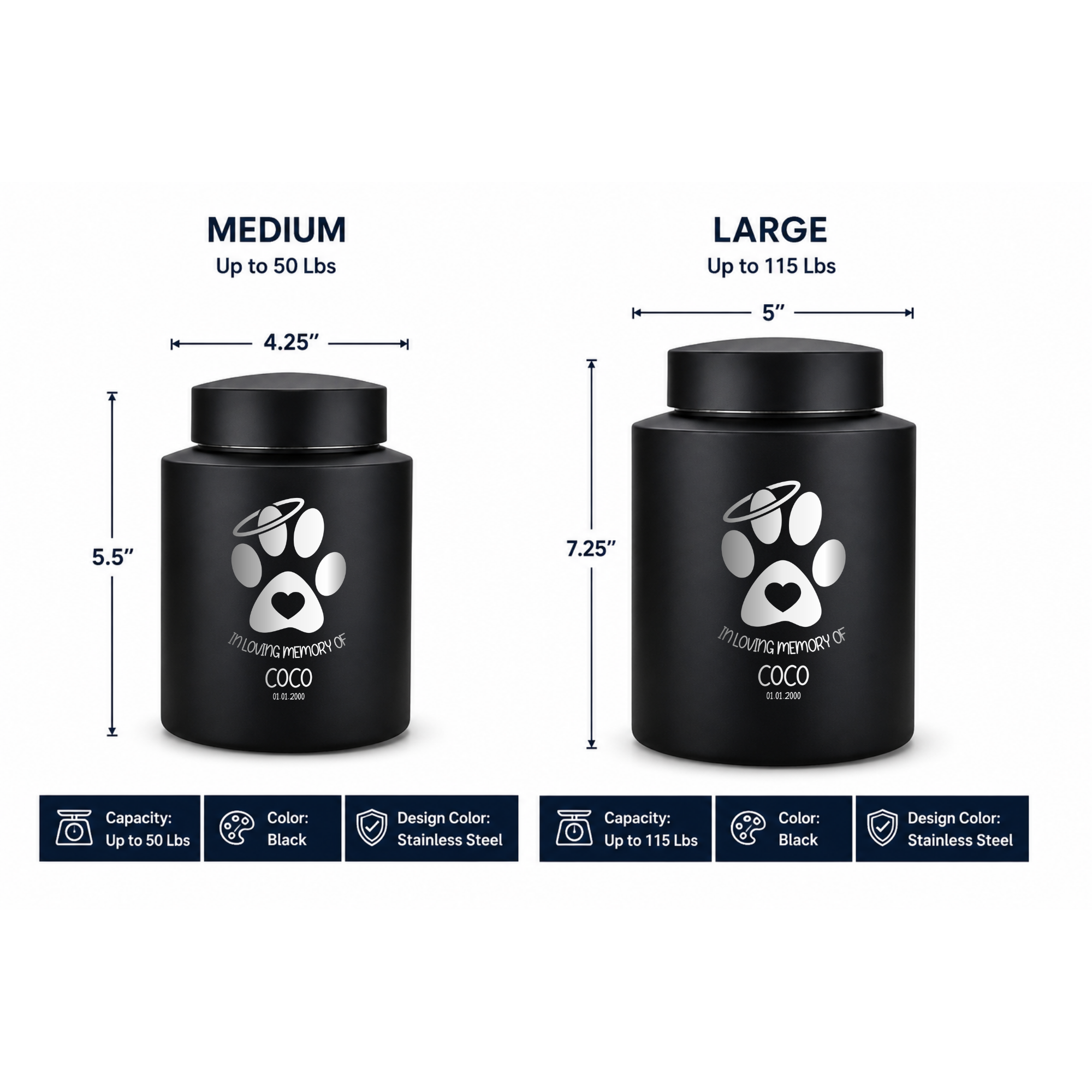 Horizon Dog Cremation Urn – Black Stainless Steel – 50–115 Cubic Inch | Classic Paw Design