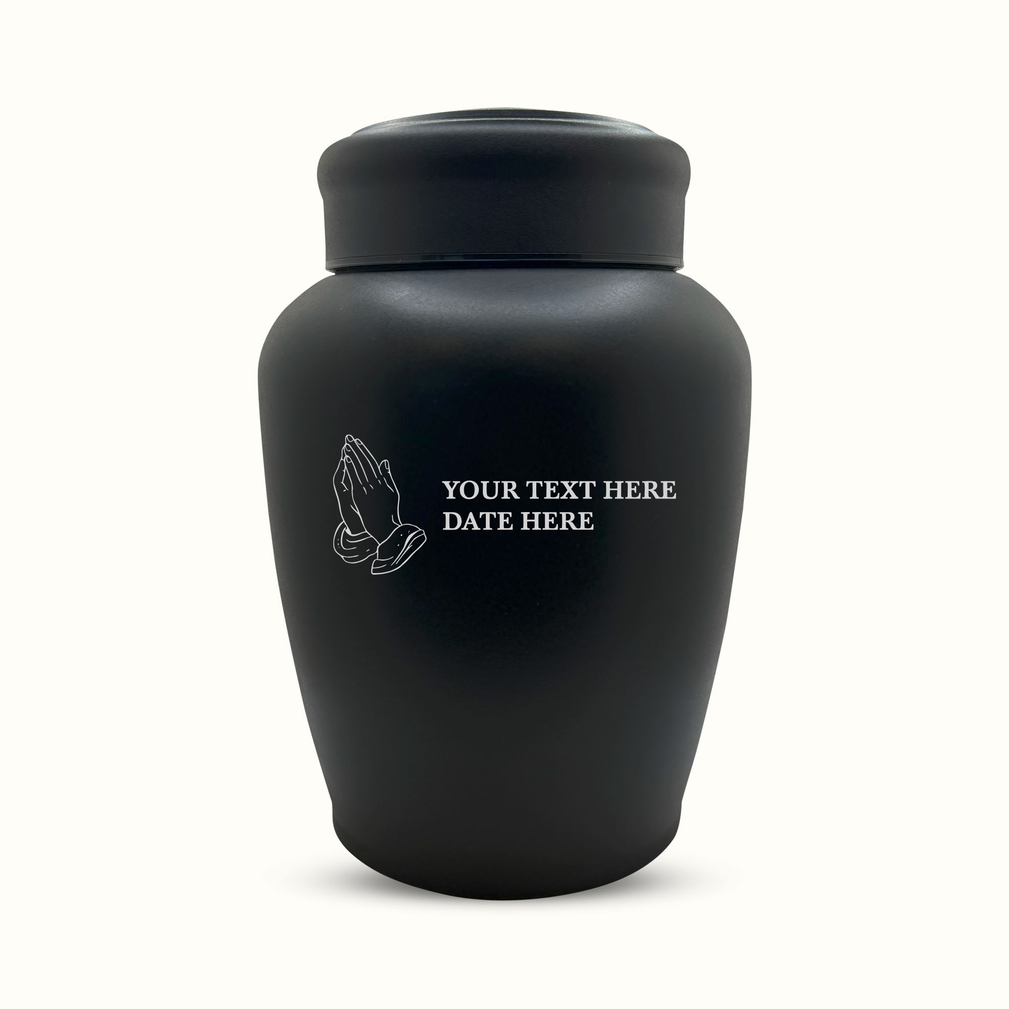 Classic Black Powder Coated Stainless Steel Human Cremation Urn – 150 Cubic Inch | Praying Hands