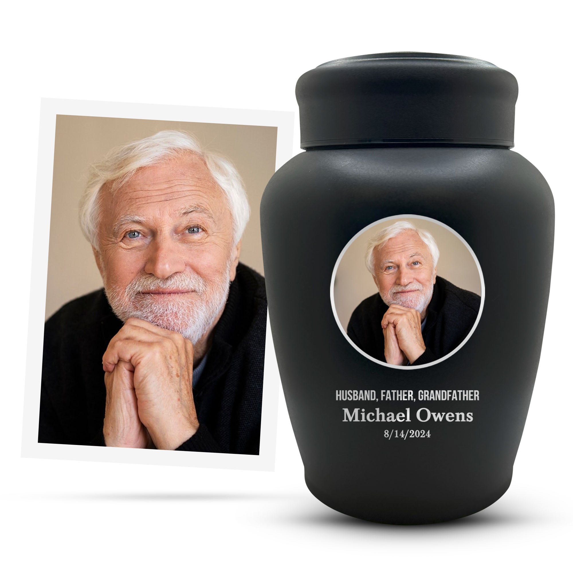 Personalized Custom Photo Human Cremation Urn for Adult Ashes Engraved Stainless Steel Urn Vessel with Full Color Photo | 8.2" x 6.5" Urn for Human Remains Up to 150 Lbs | Black