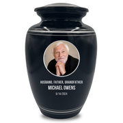 Human Cremation Urn - 350 Cubic Inch Capacity - Black with Silver Rim | Custom Photo