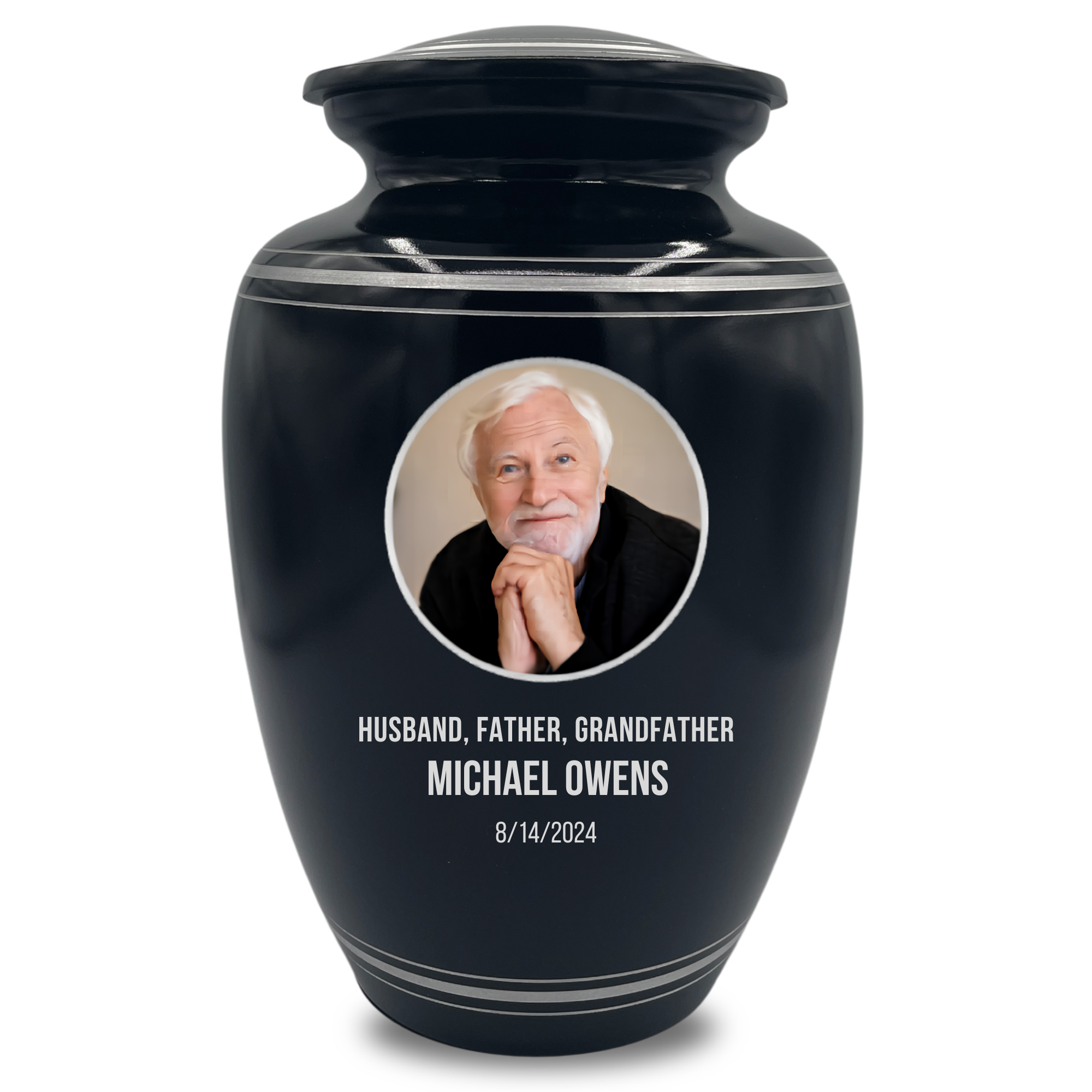Human Cremation Urn - 350 Cubic Inch Capacity - Black with Silver Rim | Custom Photo