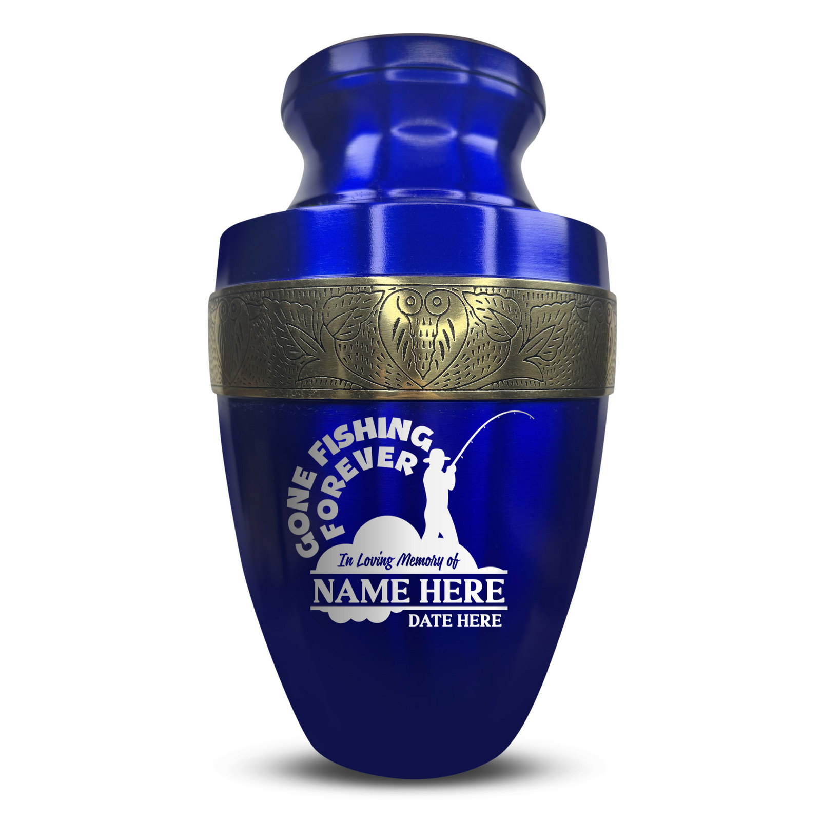 Custom Aluminum Human Urn - Funny Fishing Design - Elite Collection with Gold Inlay - 200 Cubic Inch