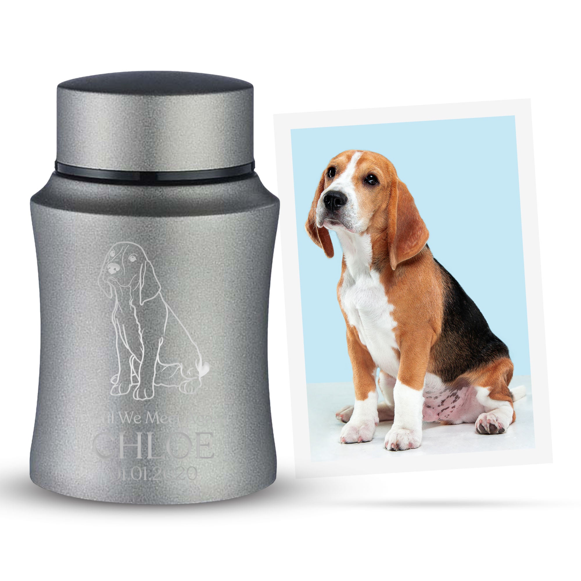 Custom Engraved Pet Photo/Image Pet Memorial Urn - Personalized with Pet Name, Date, and Dog Image - 4" Powder Coated Steel Cremation Mini Compact Urn for Dogs Ashes, Gray | 5–10 Lbs Capacity