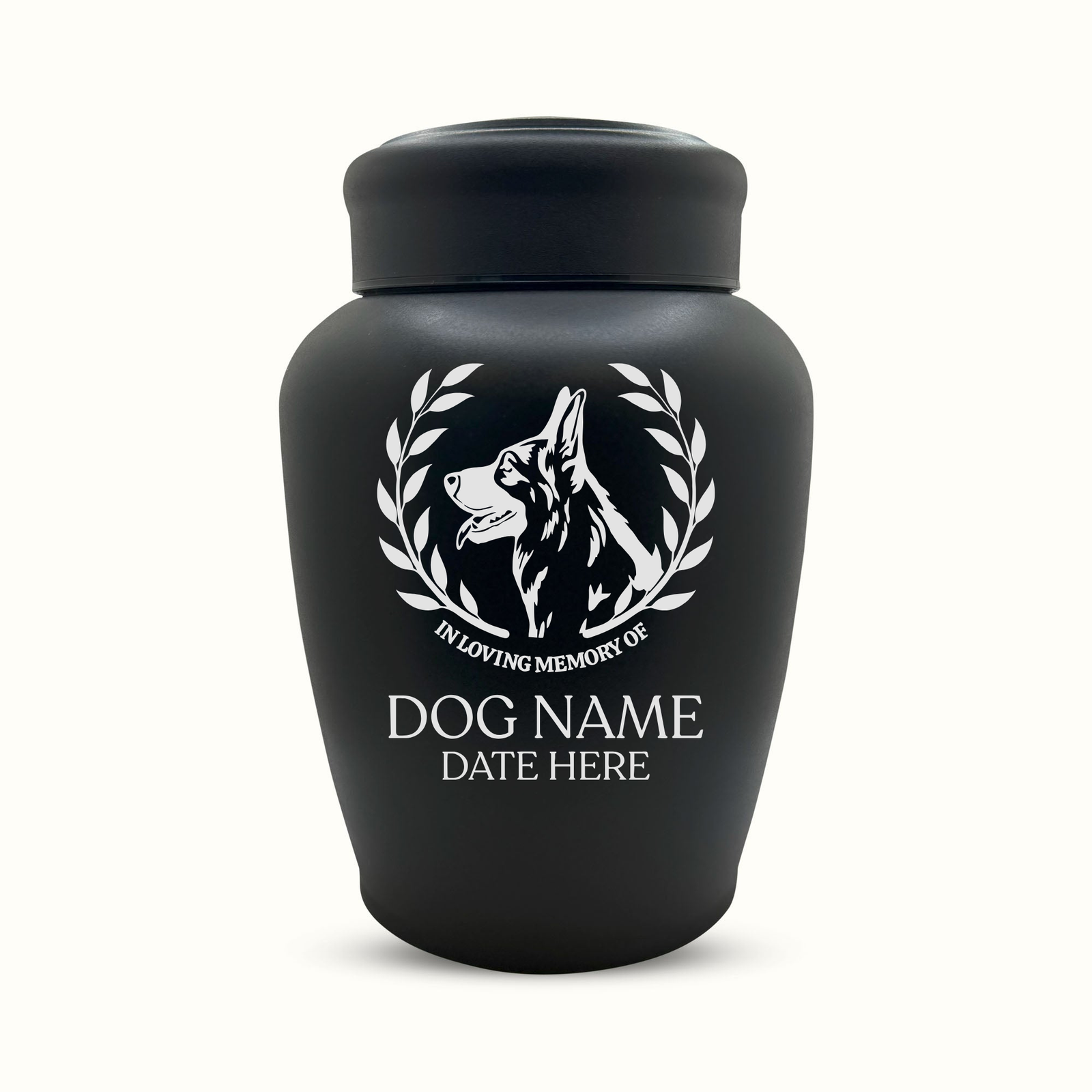 Large Custom Dog Urn – 150 Cubic Inch – Black Stainless Steel | Dog Breed Design