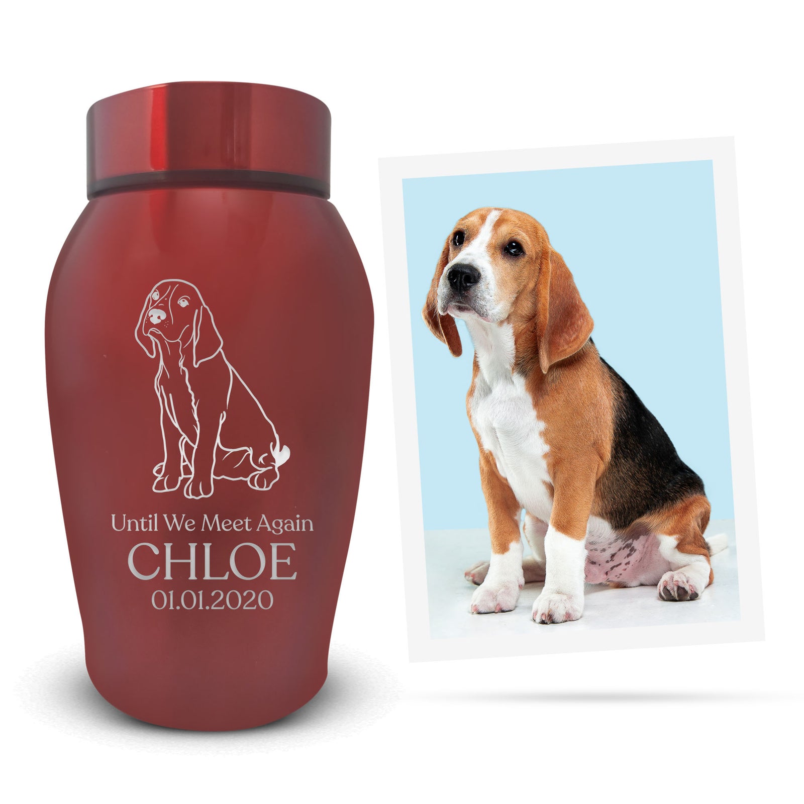 Custom Engraved Pet Memorial Urn: Personalized with Your Pet Photo/Image, Name, and Date - Stainless Steel Cremation Urns for Dogs Ashes with Airtight Closure, Up to 50 Lbs Capacity | Red, 7" x 5"