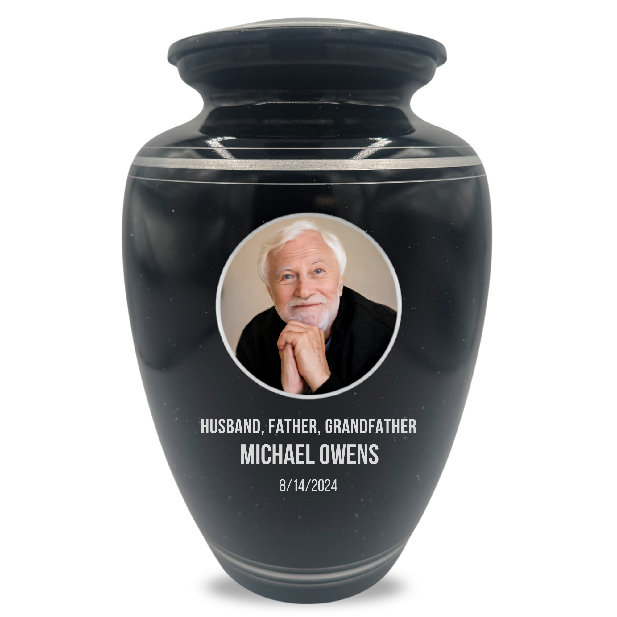 Extra Large Human Cremation Urn - 350 Cubic Inch - Black Spotted Finish with Silver Rim | Custom Photo