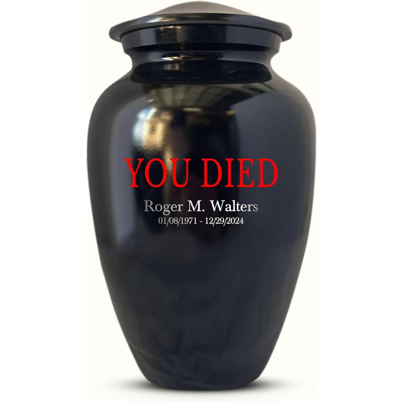 Personalized Adult Human Cremation Urn with Custom Name Date on Metal Vessel for Ashes and Cremains | You Died Funny Gamer Gaming Enthusiast | Black | 200 Lbs