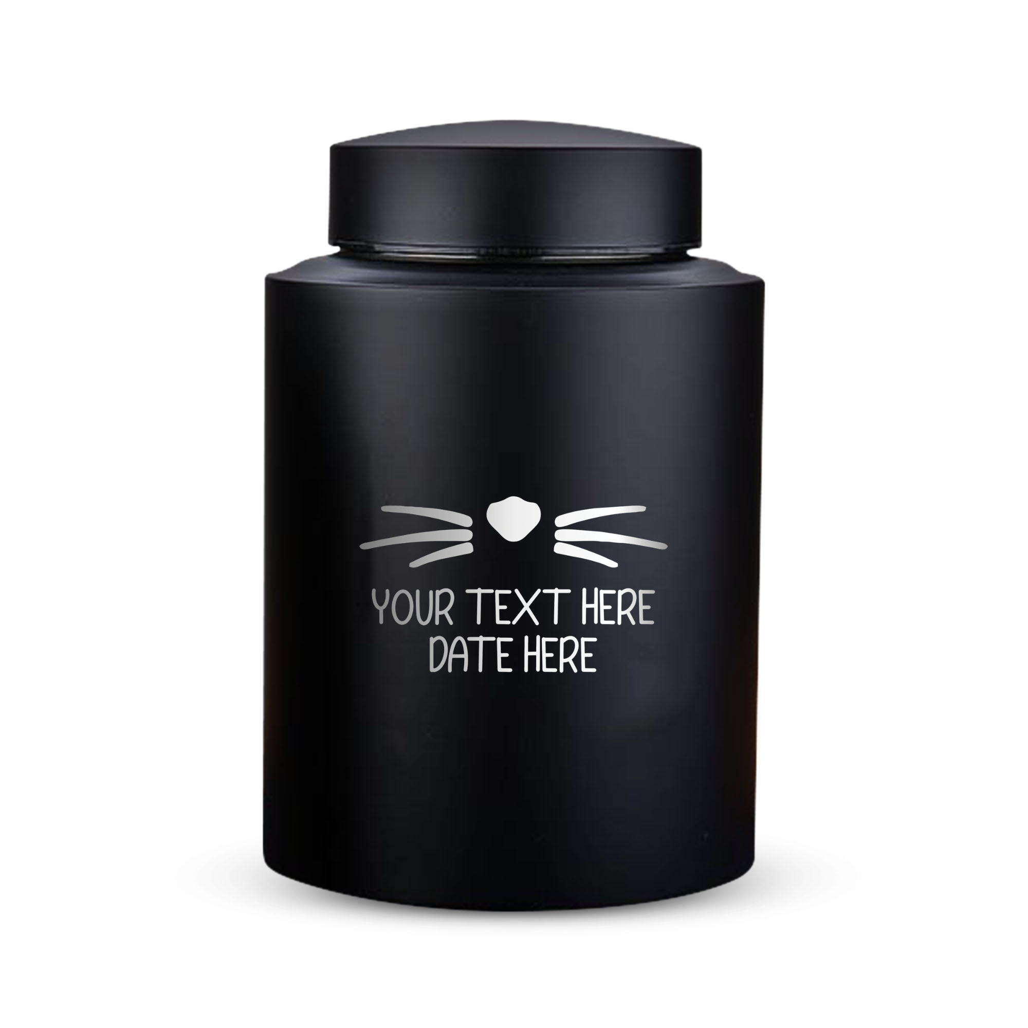 Custom Cat Round Urn - Medium Size - Stainless Steel - Black Powder Coated Finish - 115 Cubic Inch | Heart & Whiskers Collection