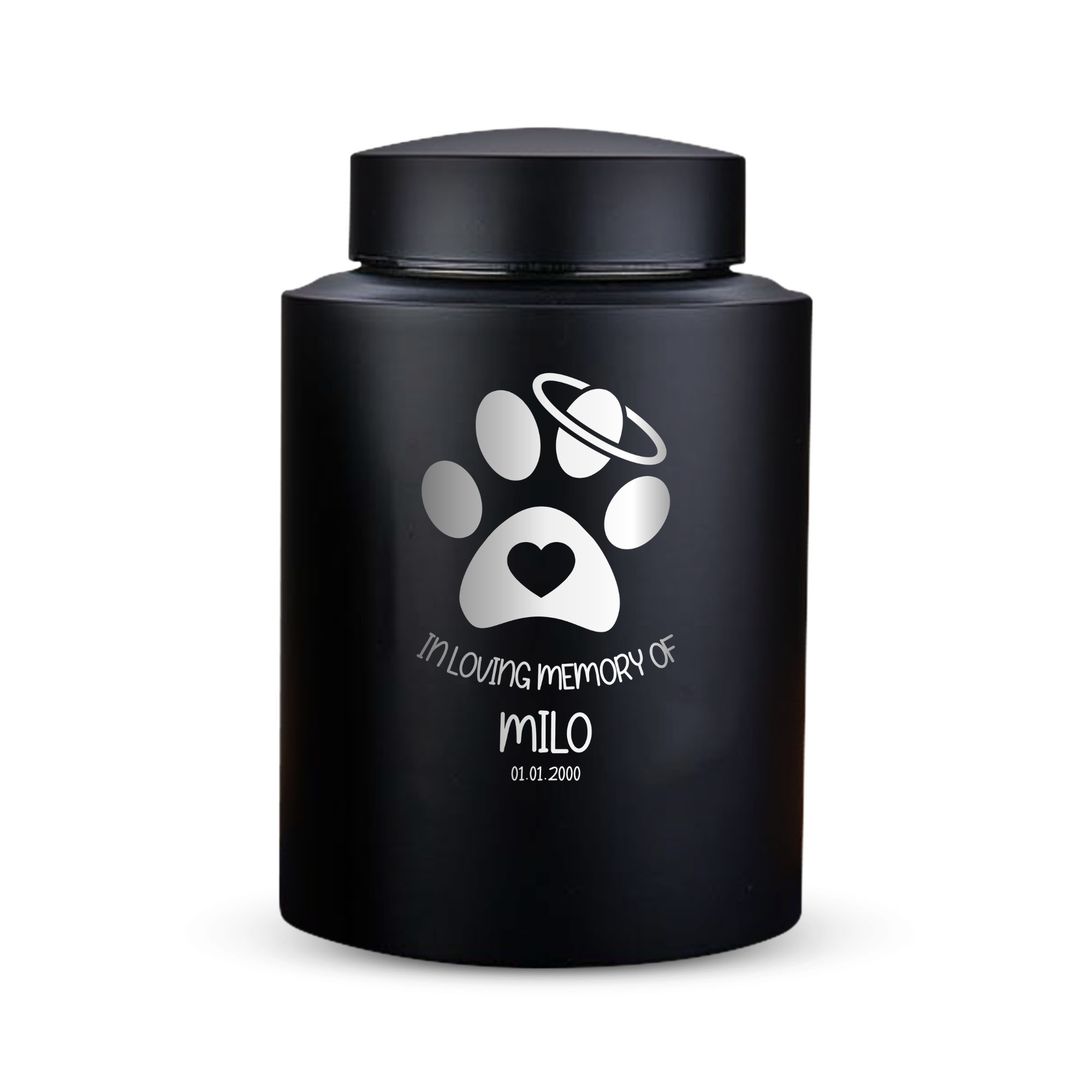 Custom Cat Round Urn - Large Size - Stainless Steel - Black Powder Coated Finish - 115 Cubic Inch | Classic Cat Memorial