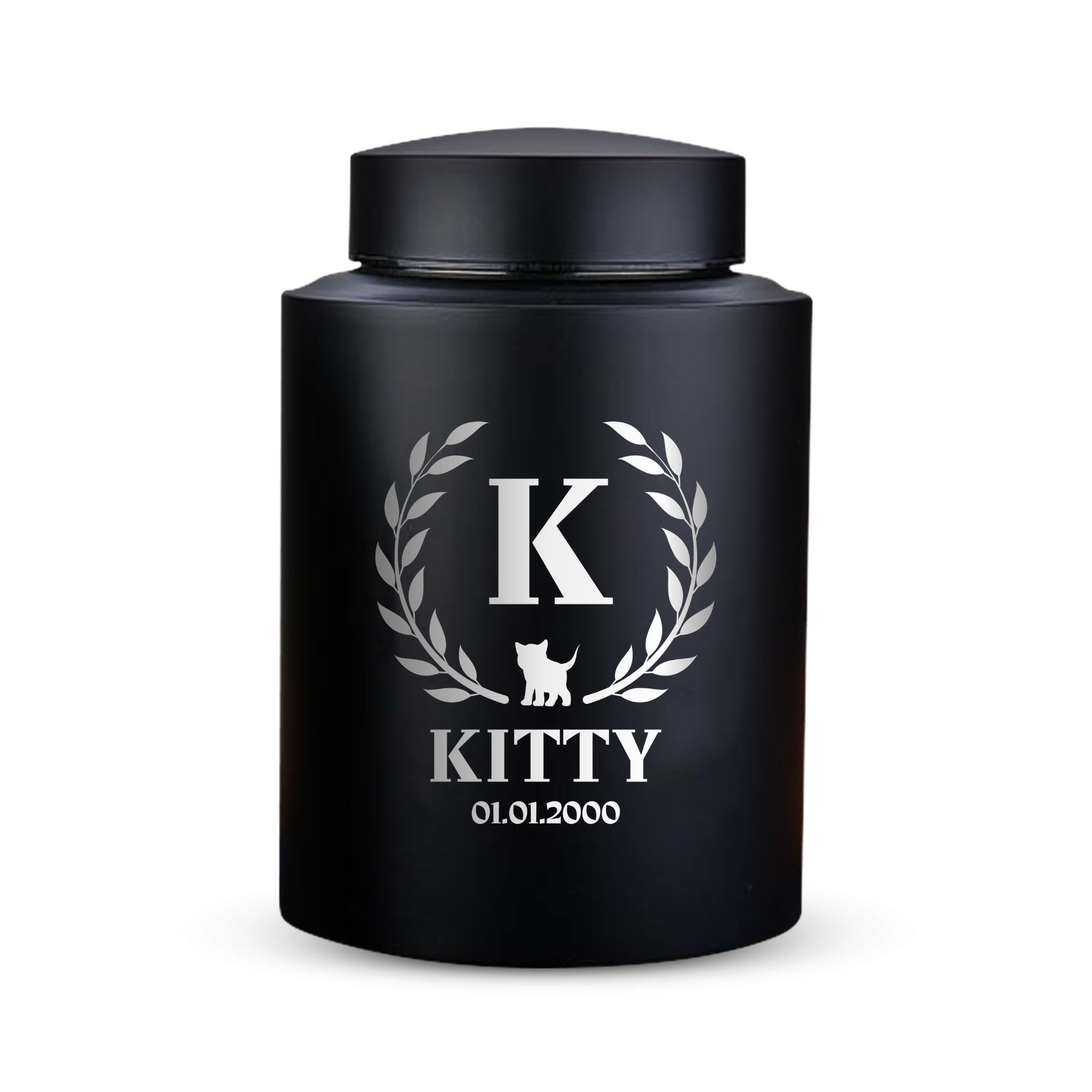 Custom Cat Round Urn - Medium Size - Stainless Steel - Black Powder Coated Finish - 50 Cubic Inch | Cat Monogram