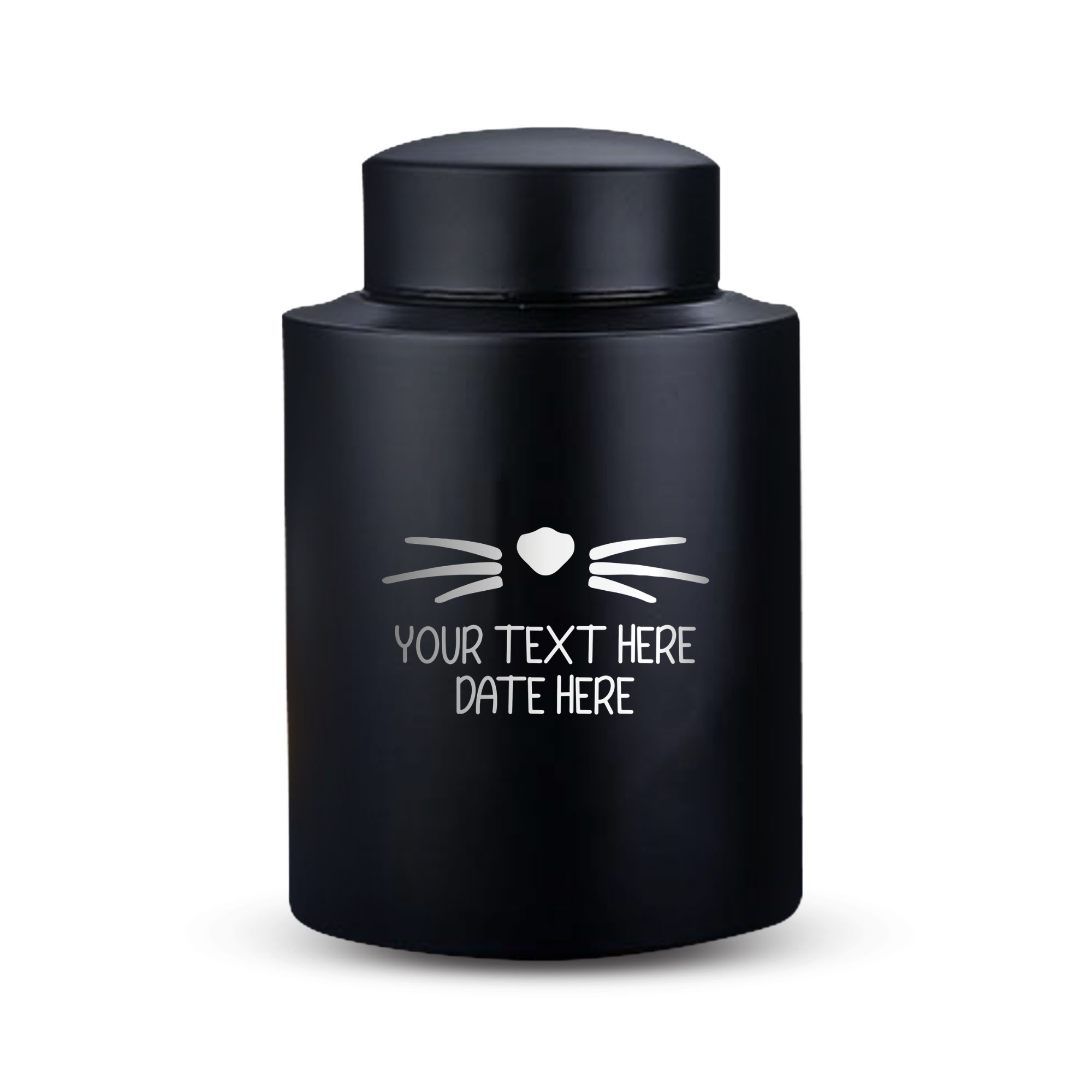 Custom Cat Round Urn - Medium Size - Stainless Steel - Black Powder Coated Finish - 50 Cubic Inch | Heart & Whiskers Collection