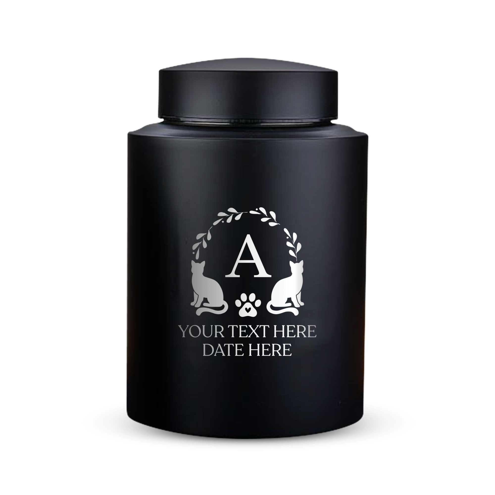 Custom Cat Round Urn - Medium Size - Stainless Steel - Black Powder Coated Finish - 50 Cubic Inch | Cat Monogram