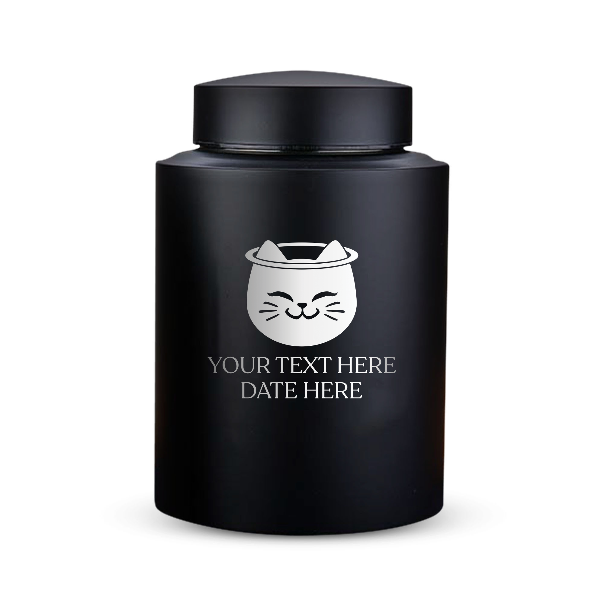 Custom Cat Round Urn - Large Size - Stainless Steel - Black Powder Coated Finish - 115 Cubic Inch | Classic Cat Memorial