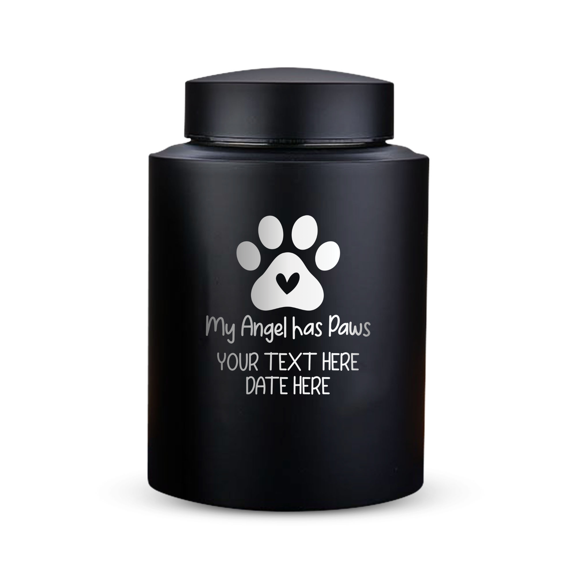 Custom Cat Round Urn - Large Size - Stainless Steel - Black Powder Coated Finish - 115 Cubic Inch | Classic Cat Memorial