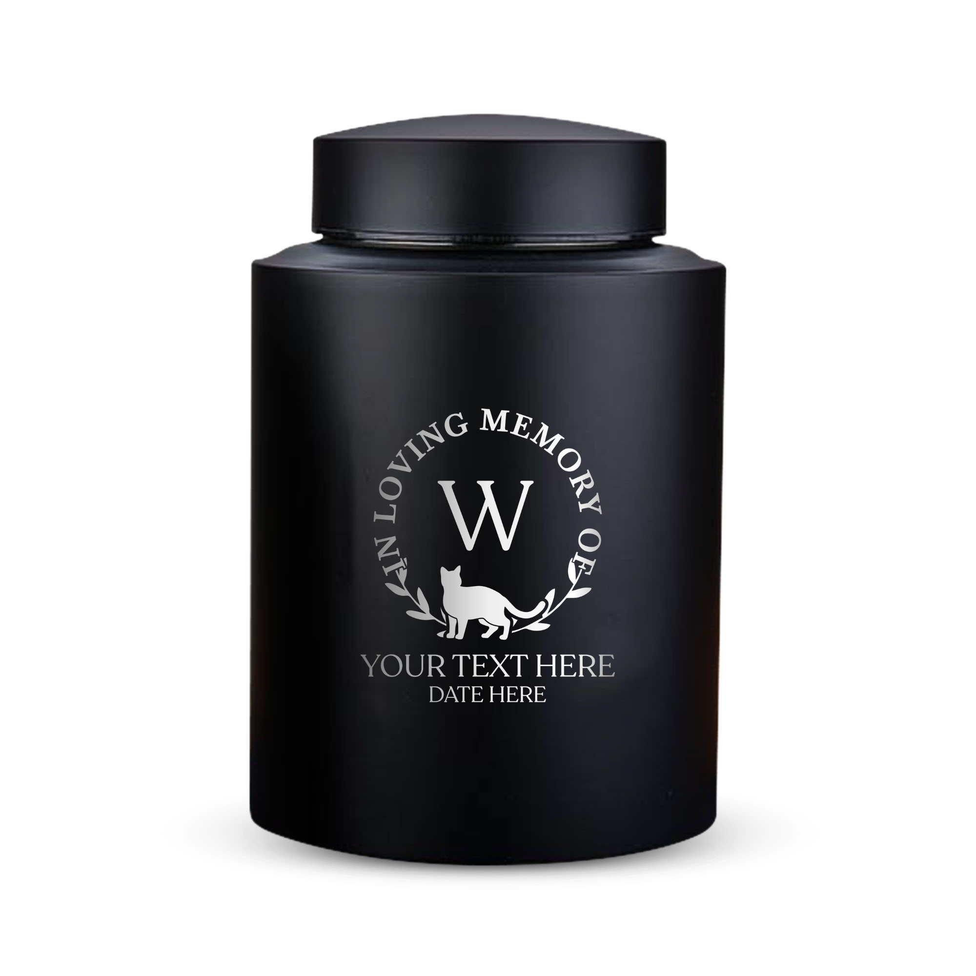 Custom Cat Round Urn - Medium Size - Stainless Steel - Black Powder Coated Finish - 50 Cubic Inch | Cat Monogram