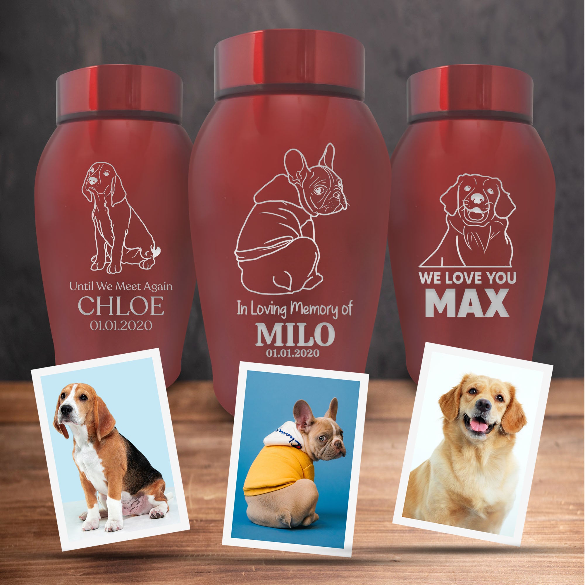 Custom Engraved Pet Memorial Urn: Personalized with Your Pet Photo/Image, Name, and Date - Stainless Steel Cremation Urns for Dogs Ashes with Airtight Closure, Up to 50 Lbs Capacity | Red, 7" x 5"