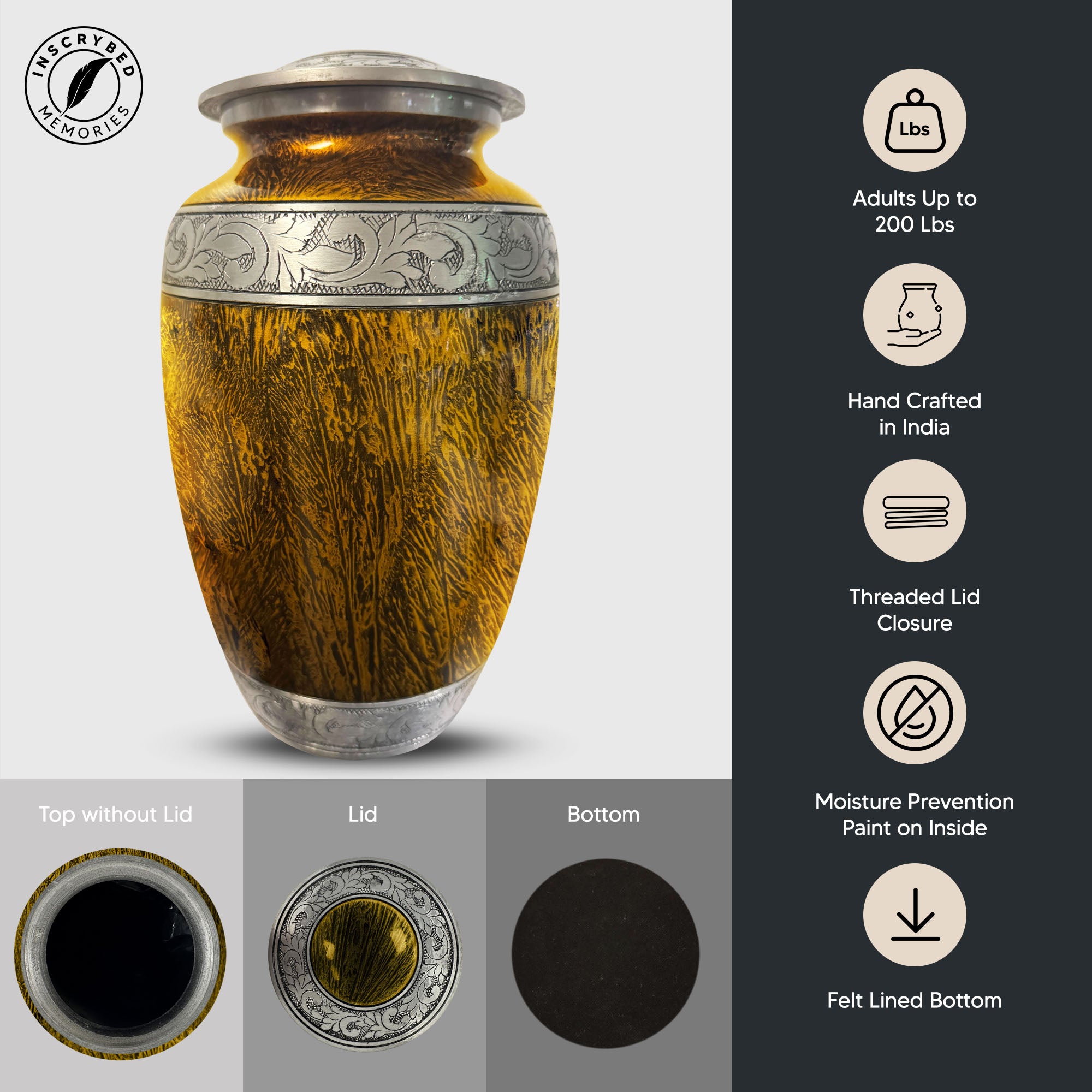 Custom Aluminum Human Urn - Elevate Collection - Memorial Dove Design - Distressed Finish - 200 Cubic Inch