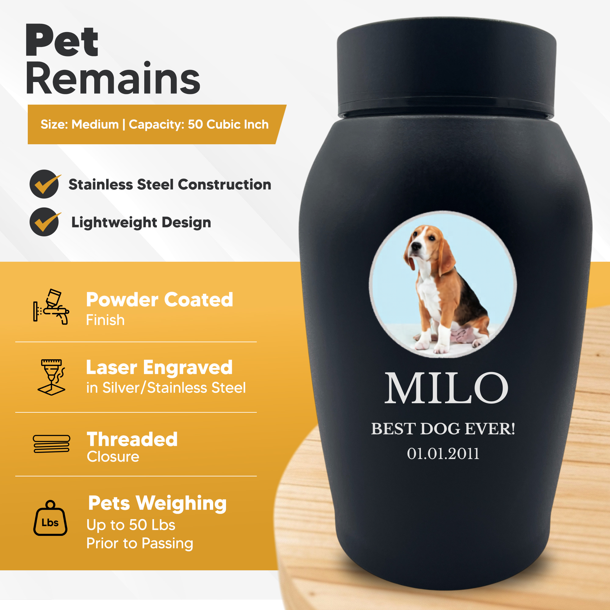 Medium Custom Pet Urn – 50 Cubic Inch – Stainless Steel | Custom Photo