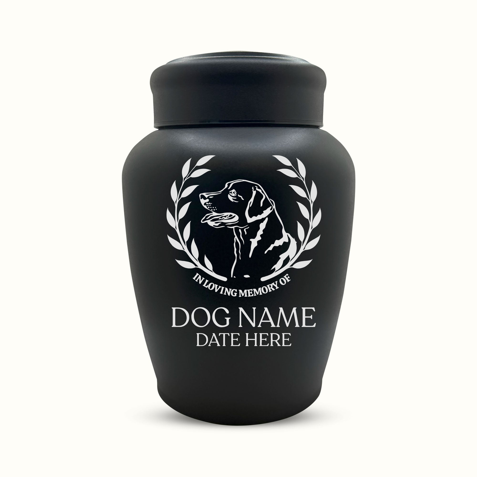 Large Custom Dog Urn – 150 Cubic Inch – Black Stainless Steel | Dog Breed Design