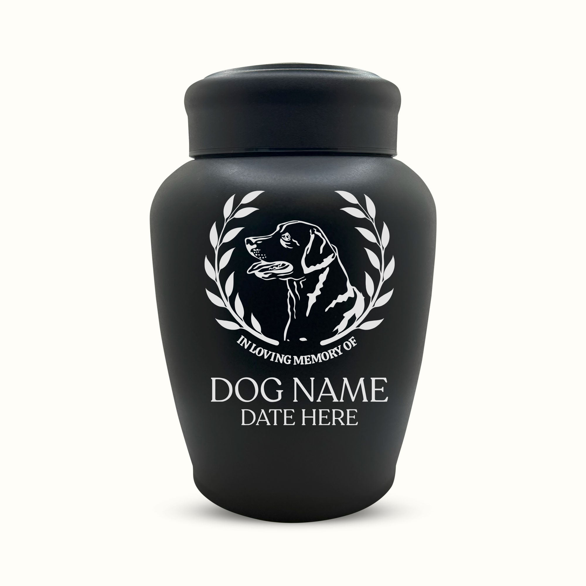 Large Custom Dog Urn – 150 Cubic Inch – Black Stainless Steel | Dog Breed Design