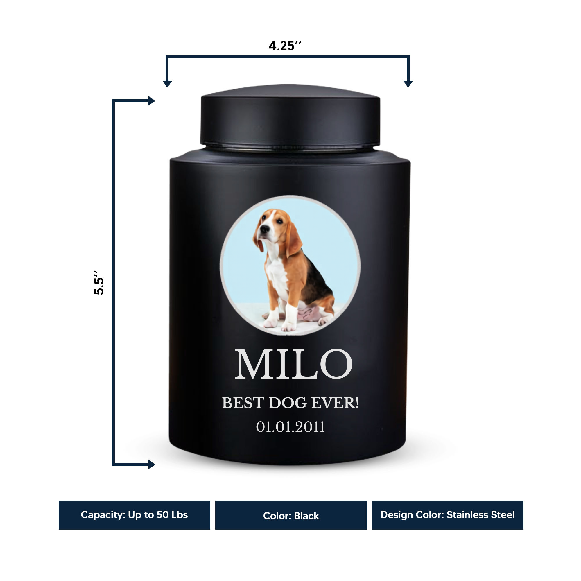 Horizon Dog Cremation Urn – Black Stainless Steel – 50 Cubic Inch | Custom Photo
