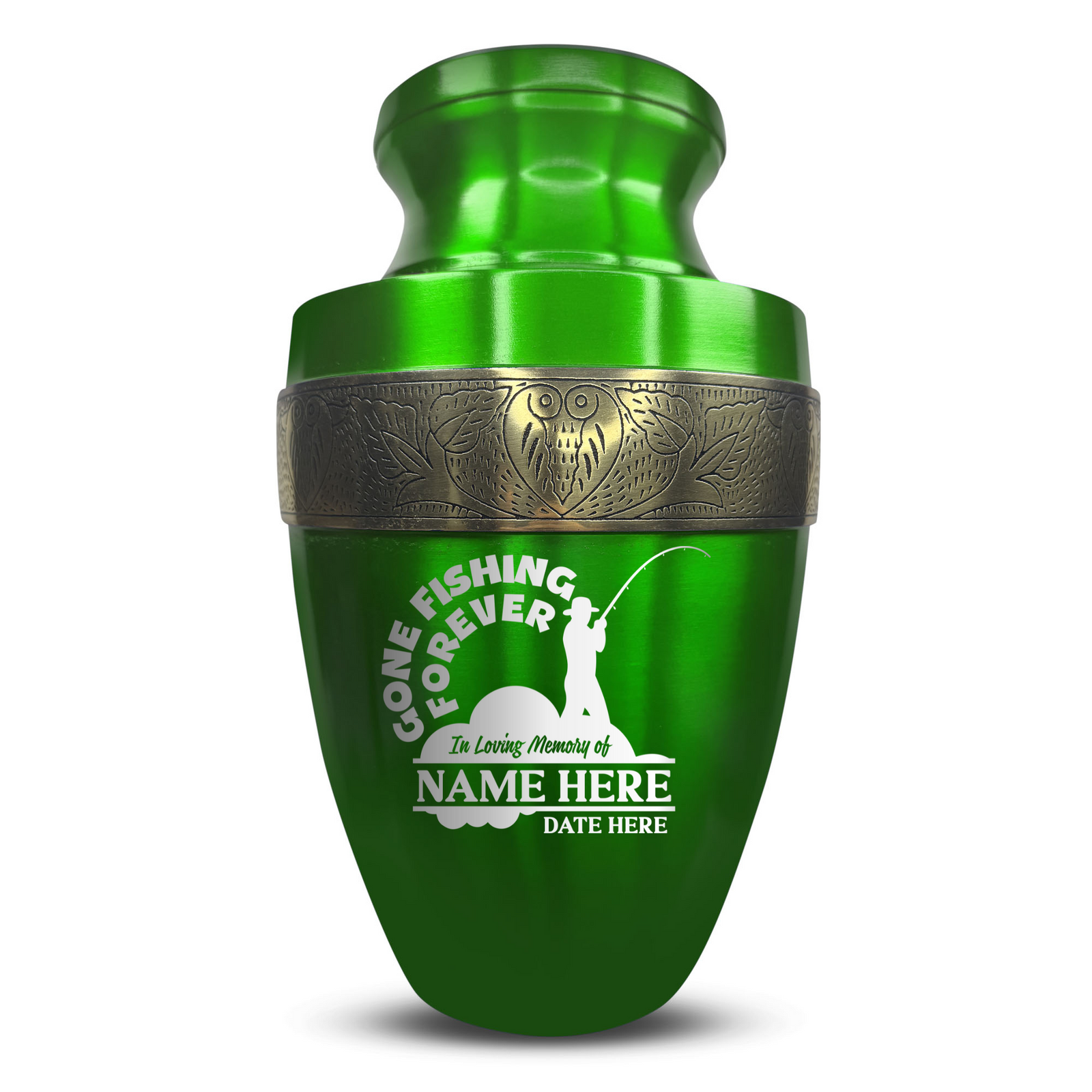 Custom Aluminum Human Urn - Funny Fishing Design - Elite Collection with Gold Inlay - 200 Cubic Inch
