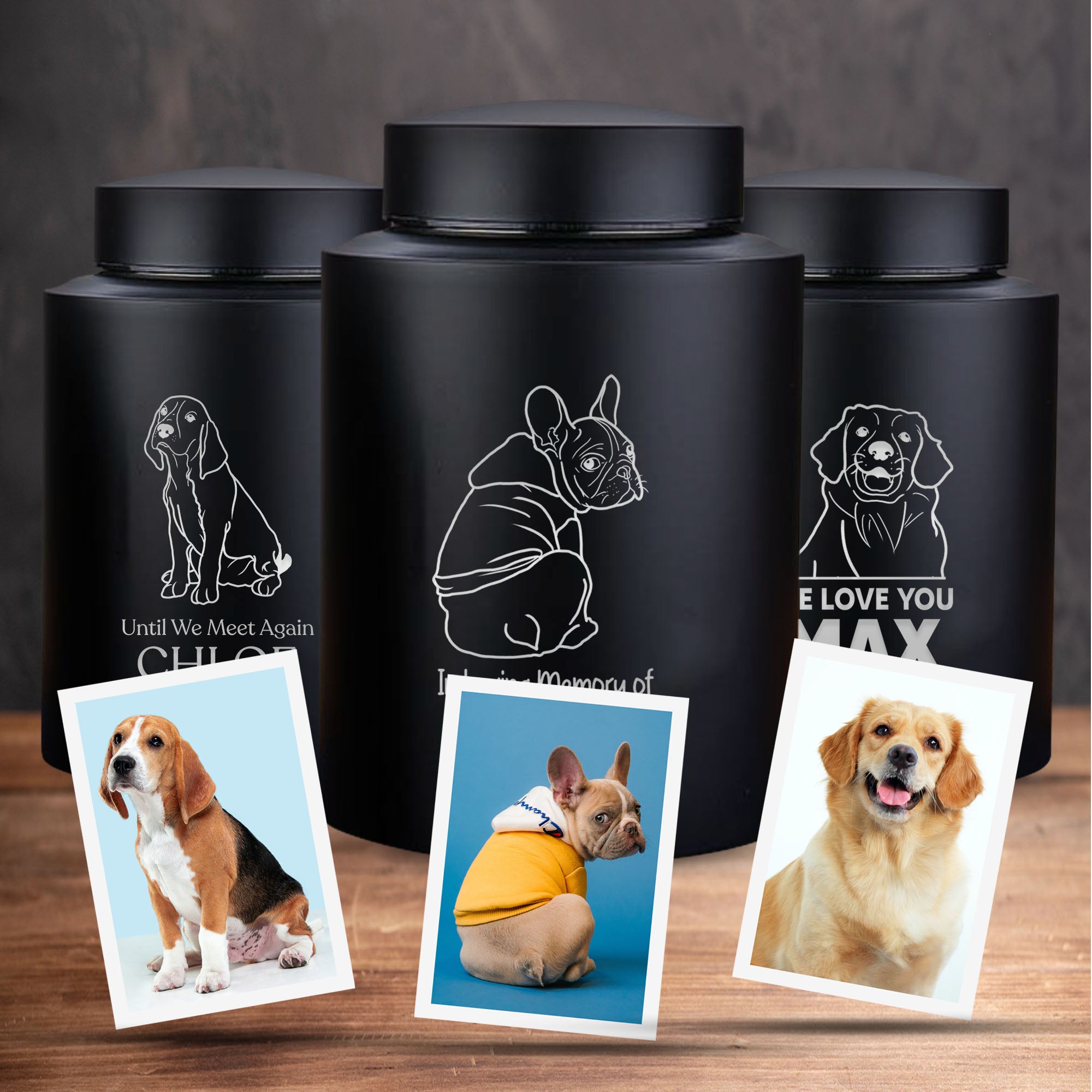 Custom Engraved Large Pet Memorial Dog Urn with Personalized Photo/Image - Round Powder Coated Steel Urns for Dogs Ashes, Pet Size 90-115 lbs | Name, Date, and Text Engraving Included | (Black)