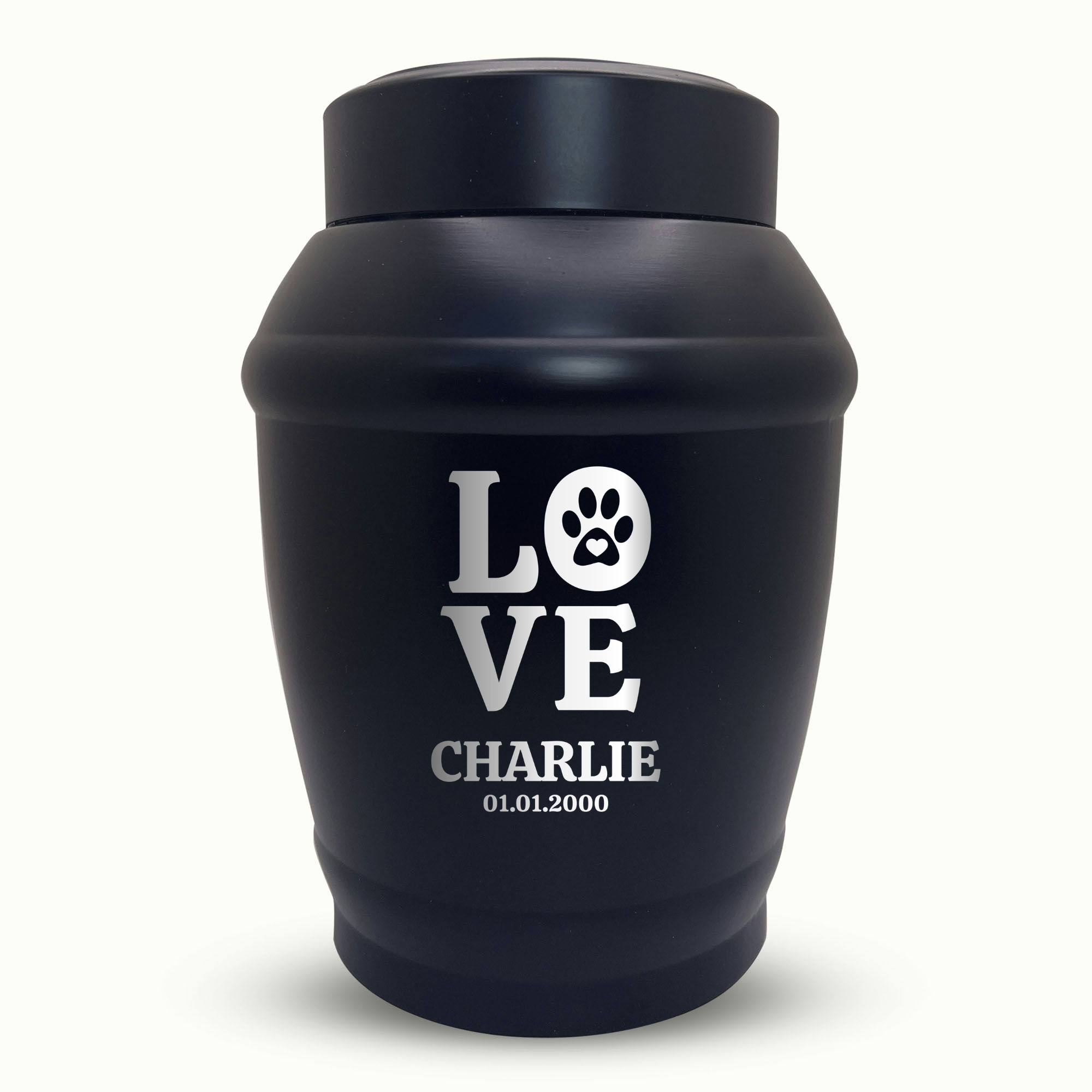 Custom Dog Urn - Standard Size - Stainless Steel - Black - 40 Cubic Inch | Memorial Theme